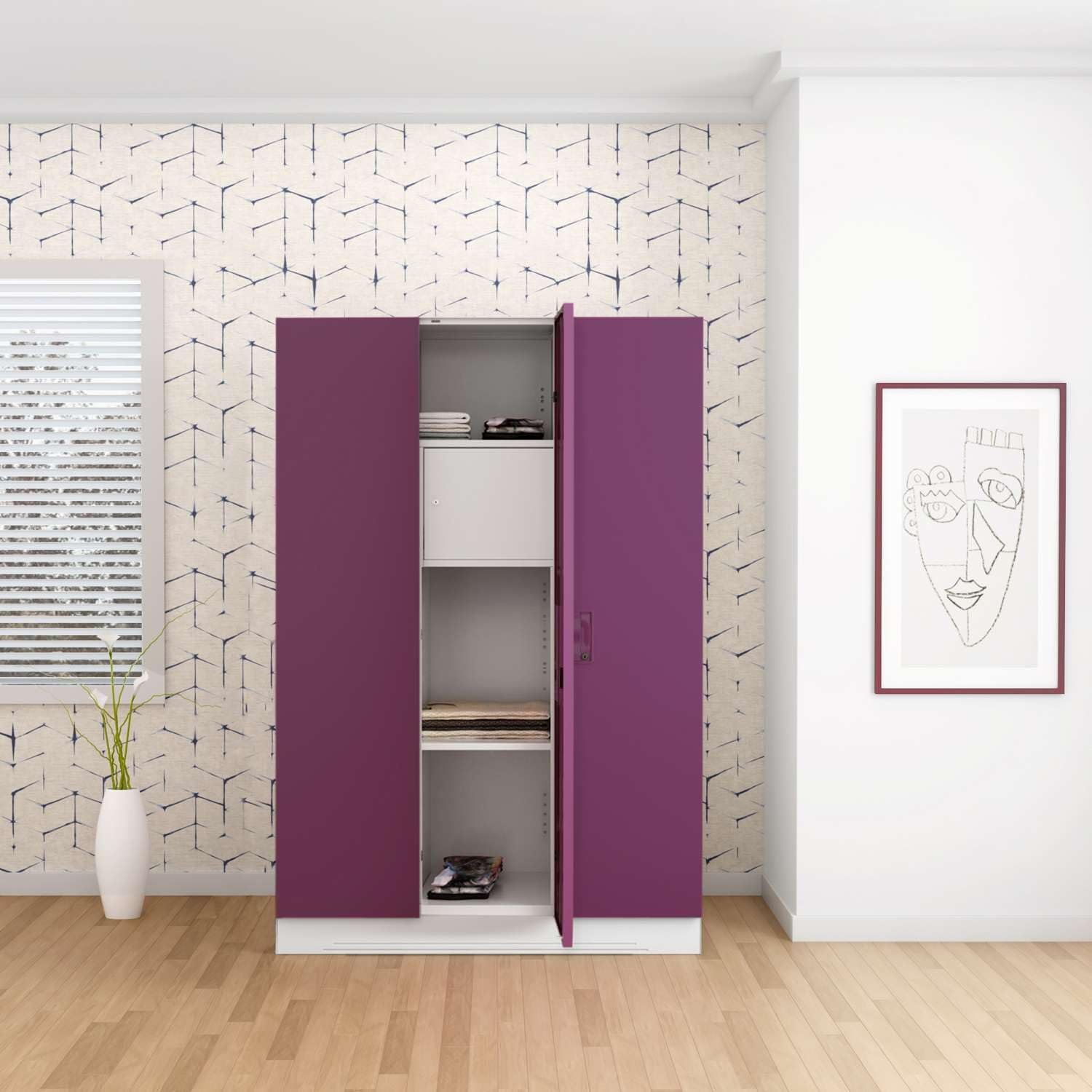 Interio by Godrej Slimline 3-Door Steel Almirah | Cupboard for Clothes, Textured Purple, 1-Year Warranty, 7 Shelves, 1 Locker
