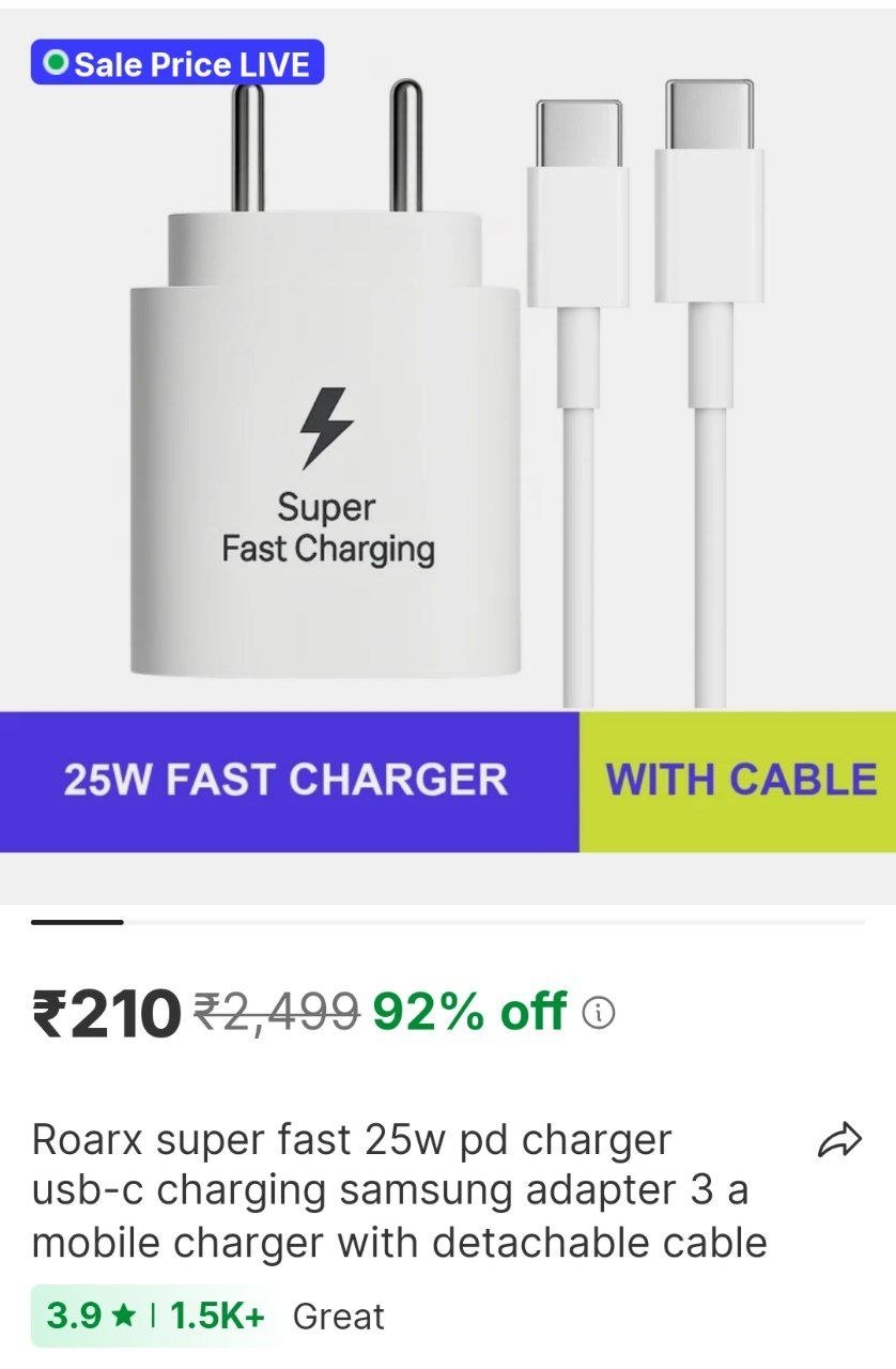 RoarX Super Fast 25W PD Charger USB-C Charging Samsung Adapter 3 A Mobile Charger with Detachable Cable Price in India - Buy RoarX Super Fast 25W PD Charger USB-C Charging Samsung Adapter 3 A Mobile C