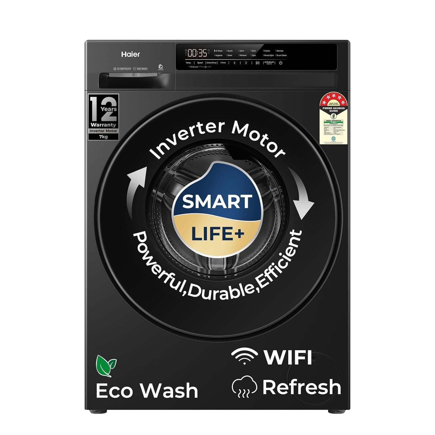 Haier 7 Kg AI One Touch, AI Smart Wash (AI-DBT), PuriSteam, 525mm Super Drum, In-Built Heater,WI-FI, Fully Automatic Front Load Washing Machine, (EFL70-IM12F3BKU1 | Black)