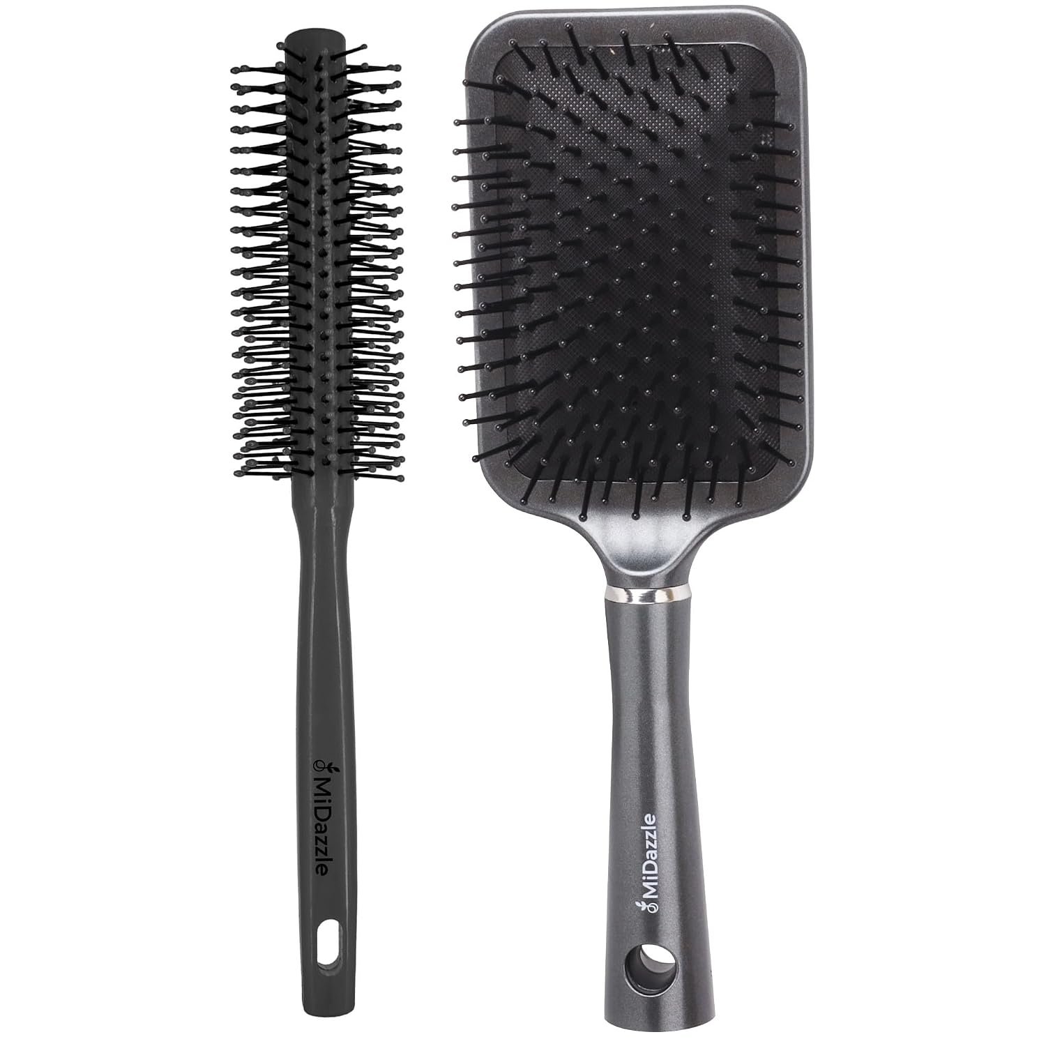 Midazzle Hair Brush Set, Round and Grey Paddle Brush, Pack of 2