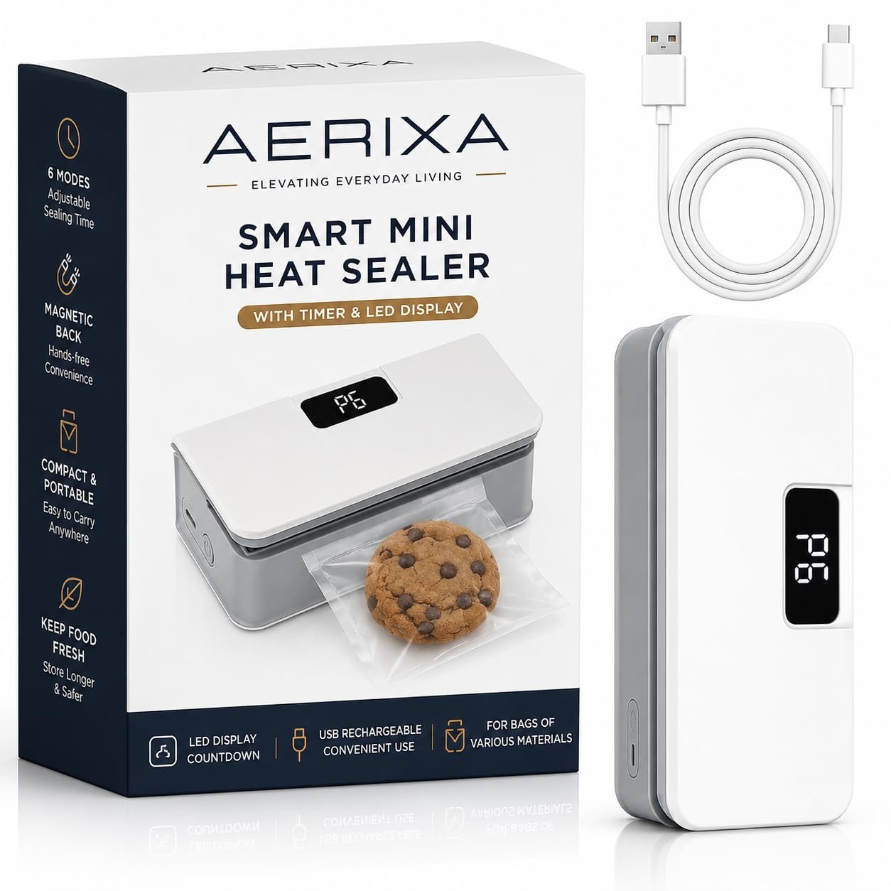 Mini Heat Sealer for Bags, 6 Modes, LED Timer, USB Rechargeable | Airtight Leak-Resistant Sealing | Lightweight Everyday Kitchen Essential