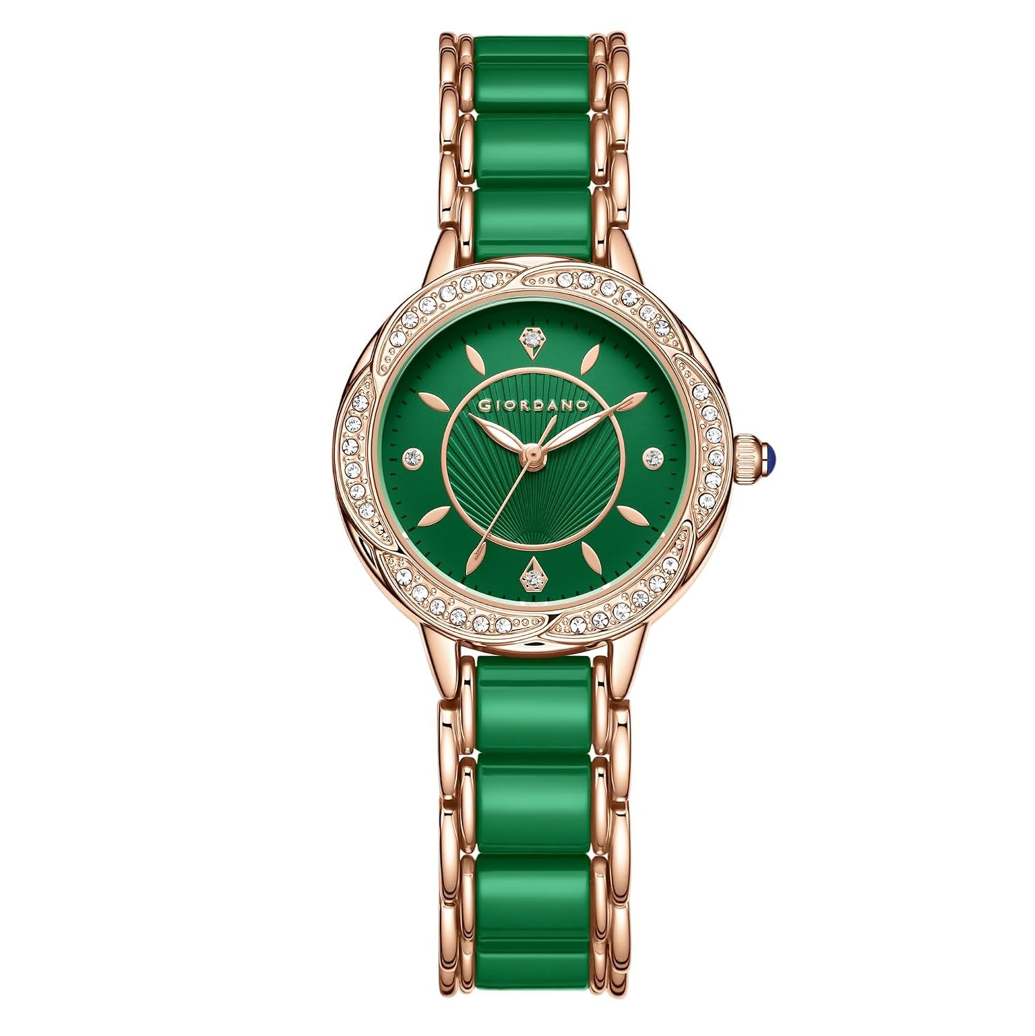 Giordano Flower Case Watch for Women with Crystal-Studded Bezel, Diamond Hour Markers & Dual Tone Stainless Steel Strap