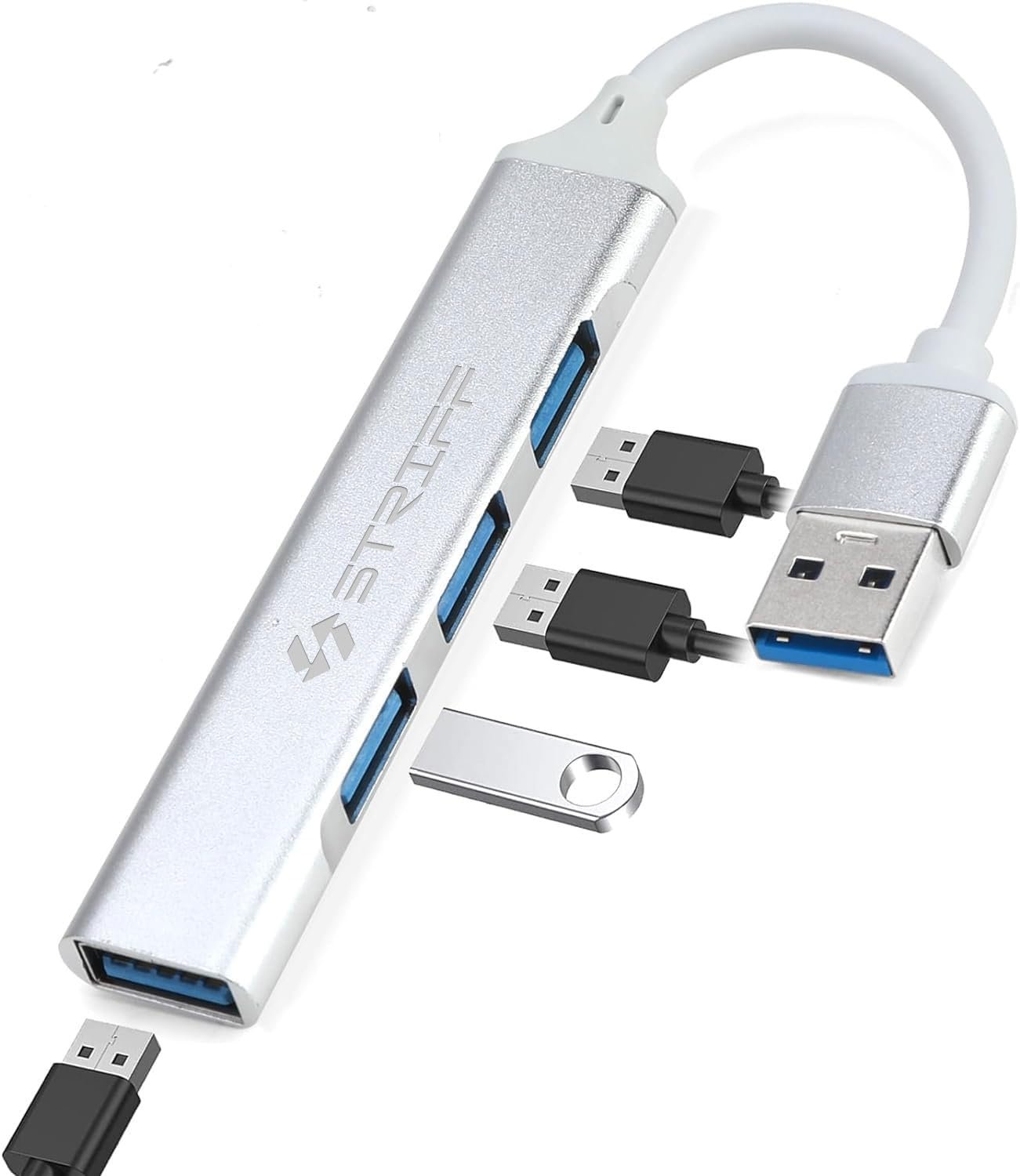 STRIFF 4-in-1 USB Hub Multiport Adapter | Aluminium Shell Design | 1× USB 3.0 & 3× USB 2.0 Ports | High Speed Data Transfer | Compact Expansion Hub for PC/Laptops, Tablets & Mobile Phones