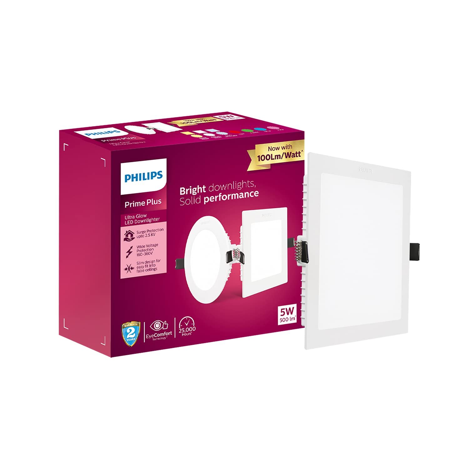 Philips Polycarbonate 5W Square AP Plus UltraGlow LED DL Recessed LED Panel Ceiling Light (Pack of 1,Warm White)