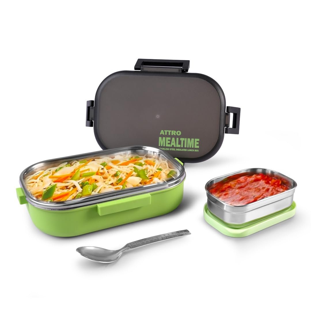 Attro Meal Time Stainless Steel Insulated Lunch Box with Small Container Airtight Leak-Proof Perfect for Office, School, Picnic, 800 ml - Green