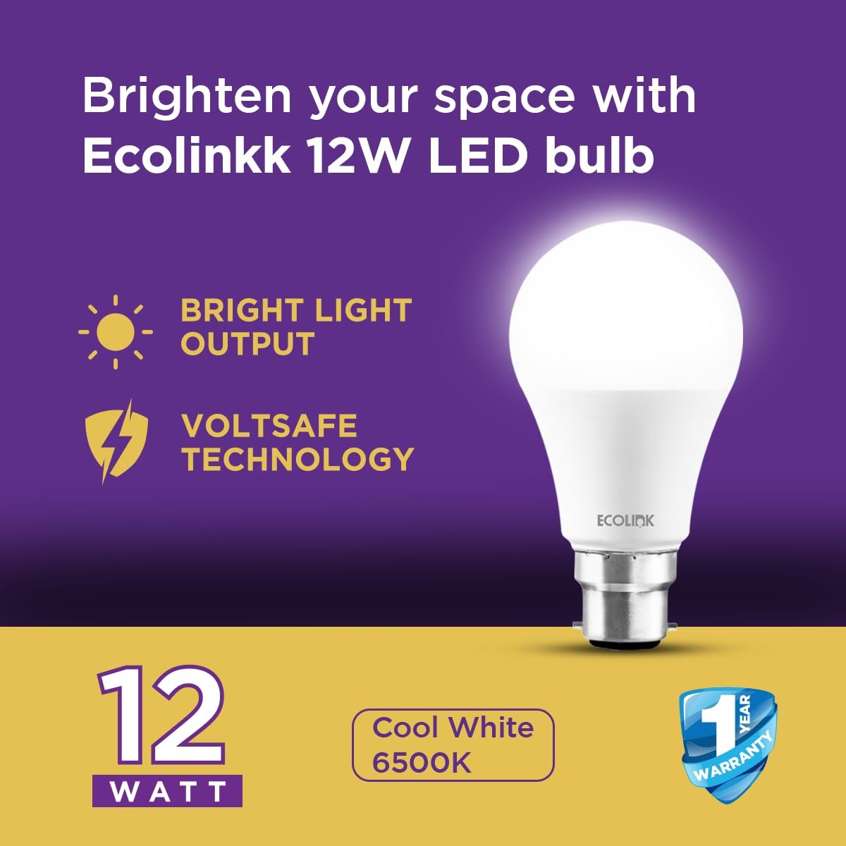 EcoLink 12 Watts Led Bulb |12-Watt Led Bulb For Room & Home | Bulb Base : B22, Colour : Cool Day Light, Pack Of 1