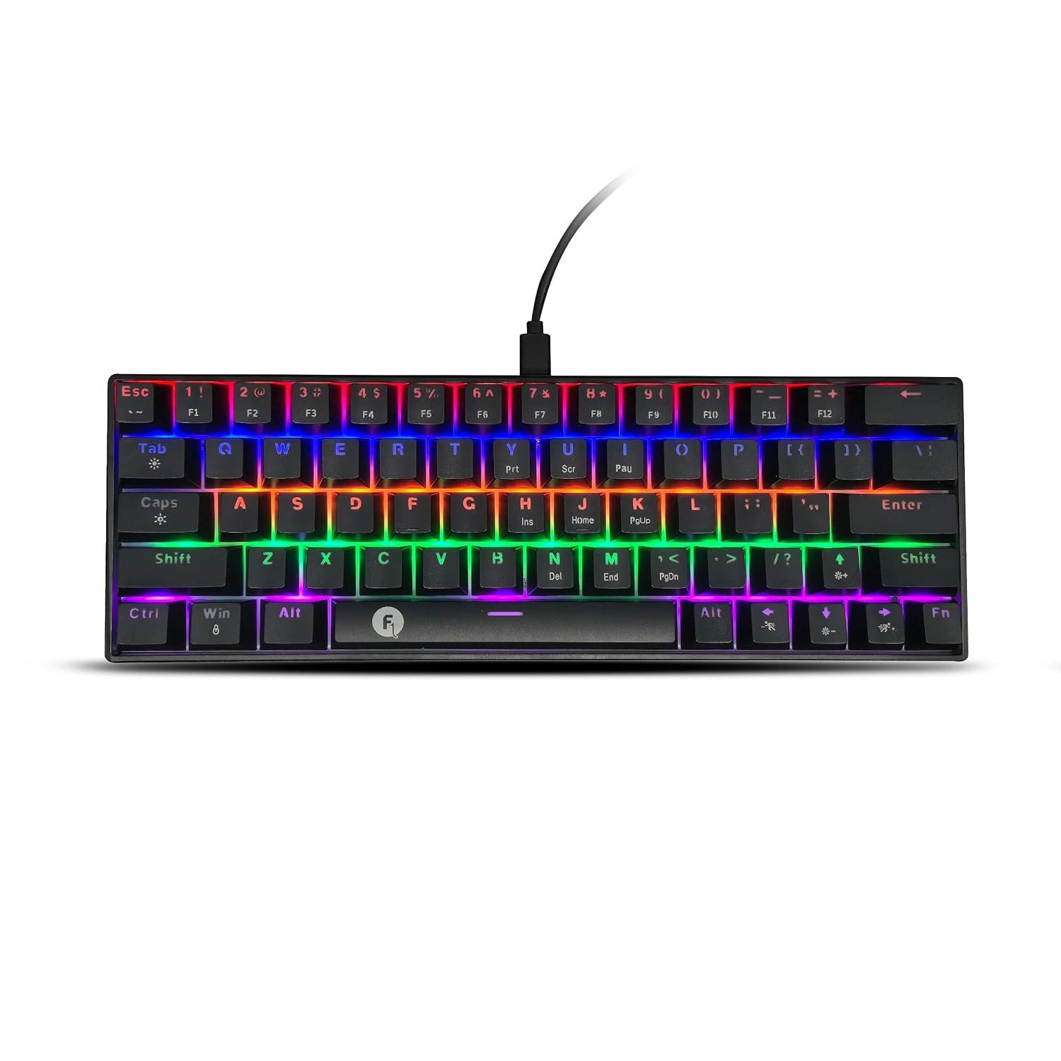 FRONTECH 63-Key Mechanical Gaming Wired Keyboard | Rainbow Backlit | 26 Anti-Ghosting Keys | Detachable Type-C Cable | Compatible with Windows/Mac/iOS/Android (KB-0010P)