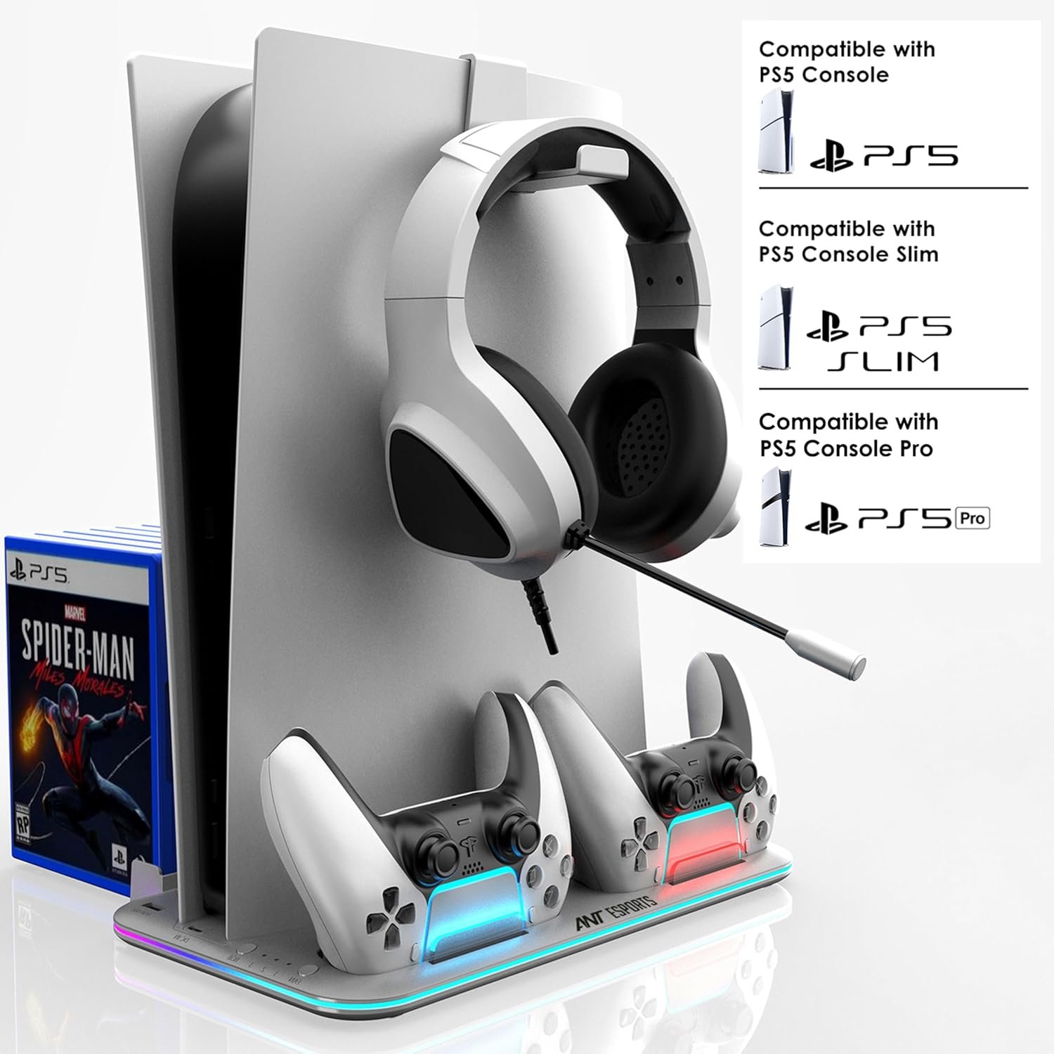Ant Esports Dock5 RGB with Cooling Fan and Dual Controller Charger Station, PS5 Console Disc & Digital Edition, PS5 Cooling Station Accessories with RGB Light/Headset Holder/6 Game Slots/Screw (Wh