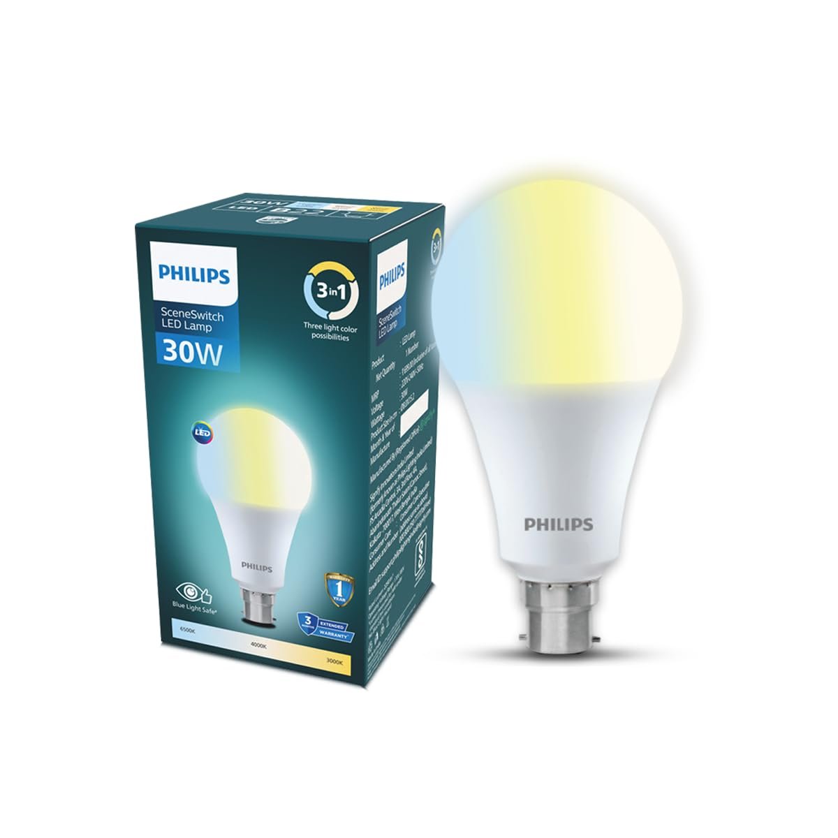 Philips SceneSwitch 30W LED Bulb | 3-in-1 Light Modes CDL-NW-WW | B22 Base | Change Brightness with Wall Switch | Energy Efficient | Pack of 1