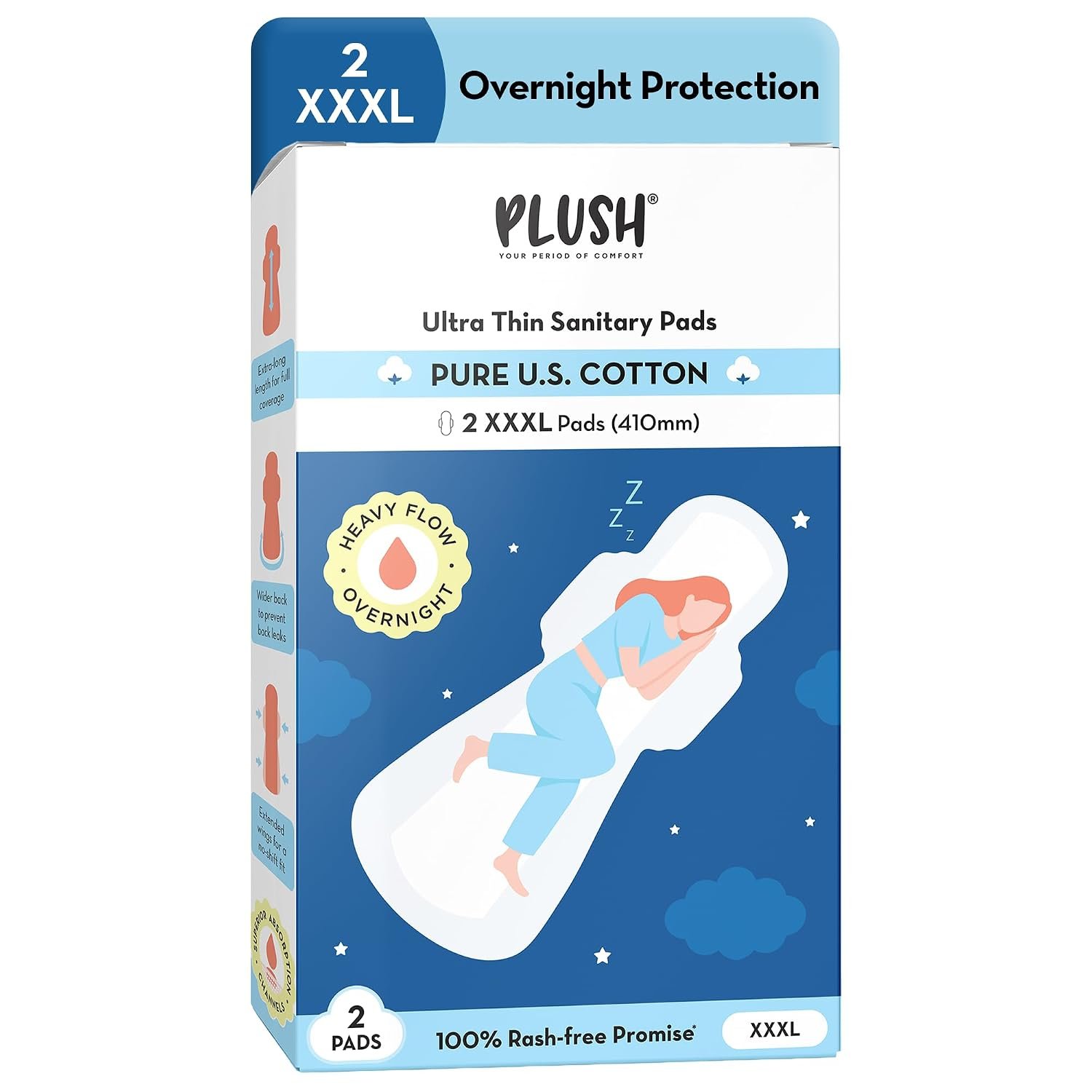 Plush Ultra-Thin XXXL All Night Sanitary Pads For Women (410mm) 2Pcs| Super Absorbent, Heavy Flow & Rash Free | Pure U.S. Cotton Sanitary Napkins With Free Disposable Pouch | Toxin & Fragrance