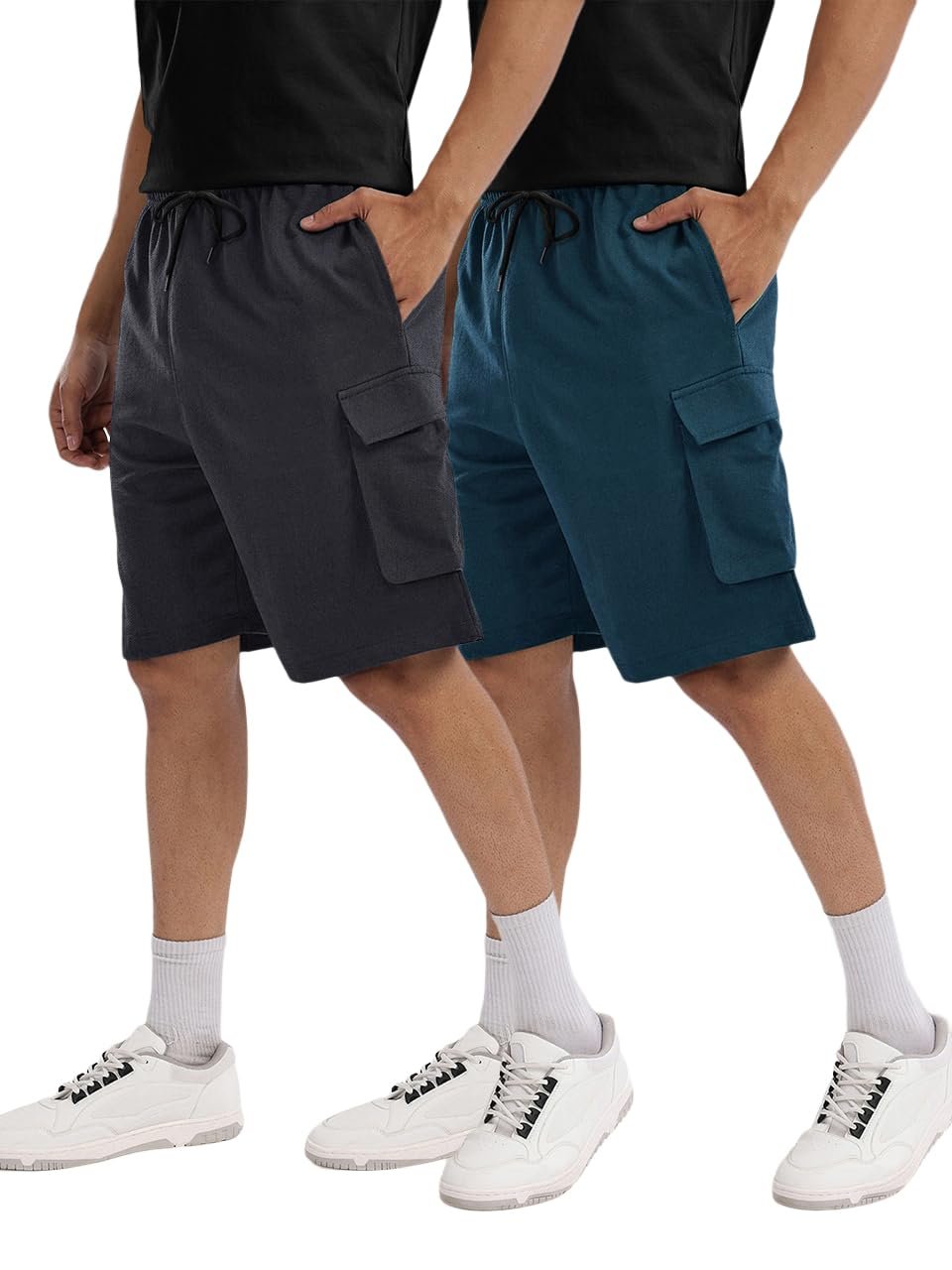 Pinkmint Cargo Shorts for Men Pack of 2 Cotton Lycra Training Gym Shorts for Men Casual Workout Lightweight Summer Shorts with Dual Side Pockets Half Pant for Running, Gym, Walking, Travel