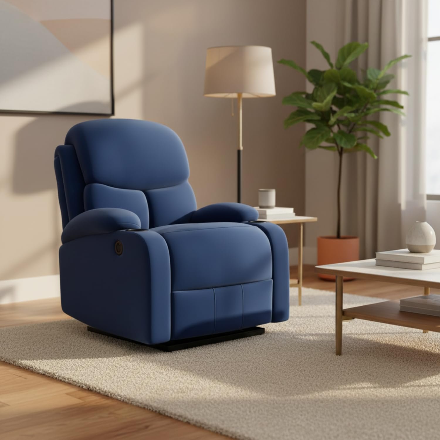 The Couch Cell | Single Seater Recliner Chair | Blue Fabric Upholstered Recliner with Cup Holders | Manual Recliner Sofa Chair for Living Room Bedroom Home Seating