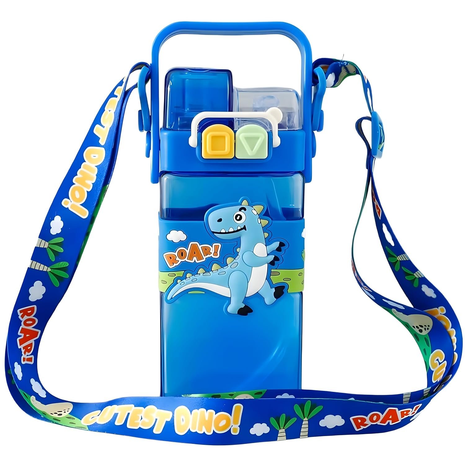 Dino Kids Cartoon Water Bottle with Adjustable Strap, Leak-Proof Double Drinking Straw Cup, Portable Tumbler for School & Outdoor Fun – Pack of 1, Color May Vary