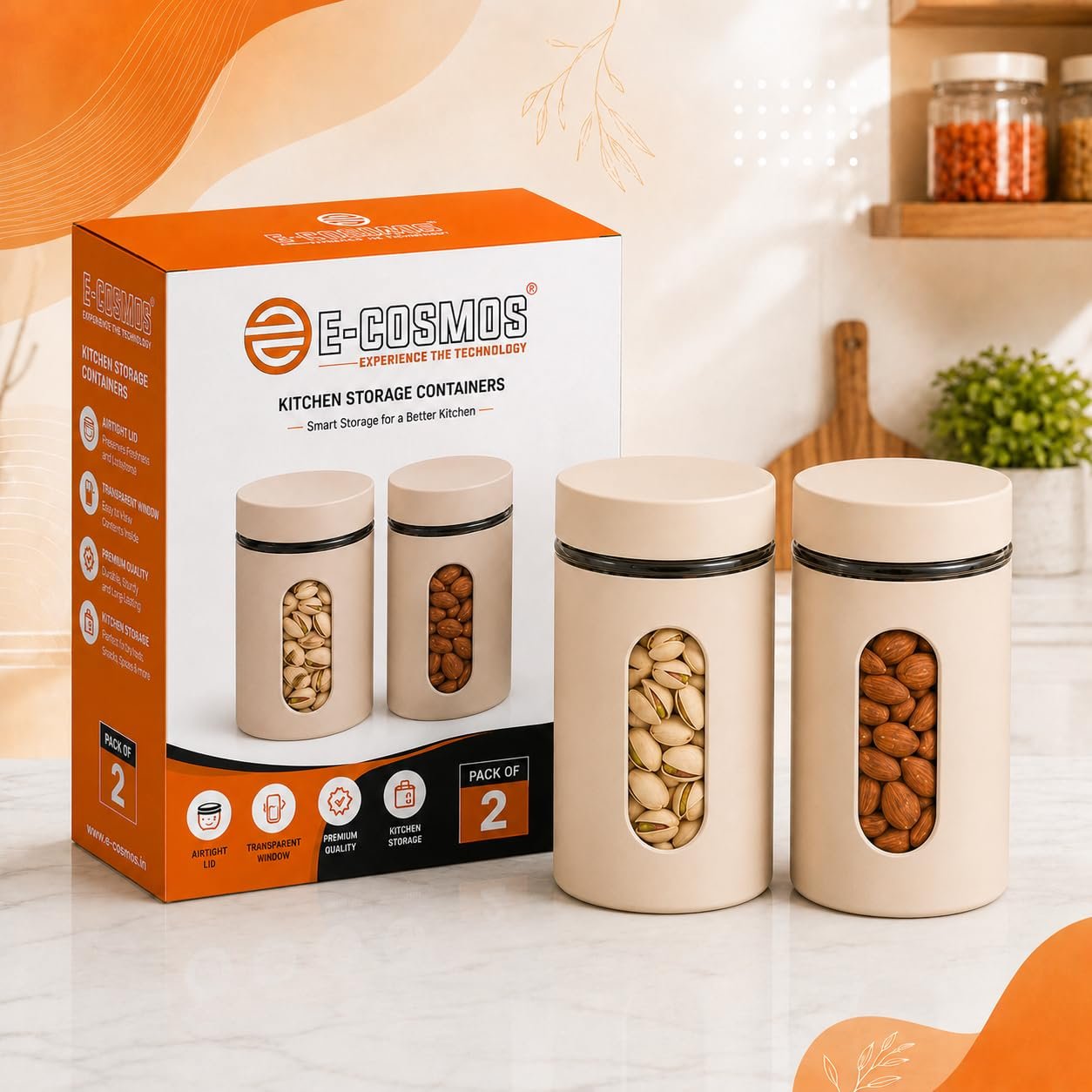E-COSMOS® 1000 ml Plastic Kitchen Storage Container Pack of 4 - Airtight Oval Container with Clear Window for Snacks, Tea, Coffee & Dry Fruits (Multicolor) (Pack Of 4, 1000, Milliliters)