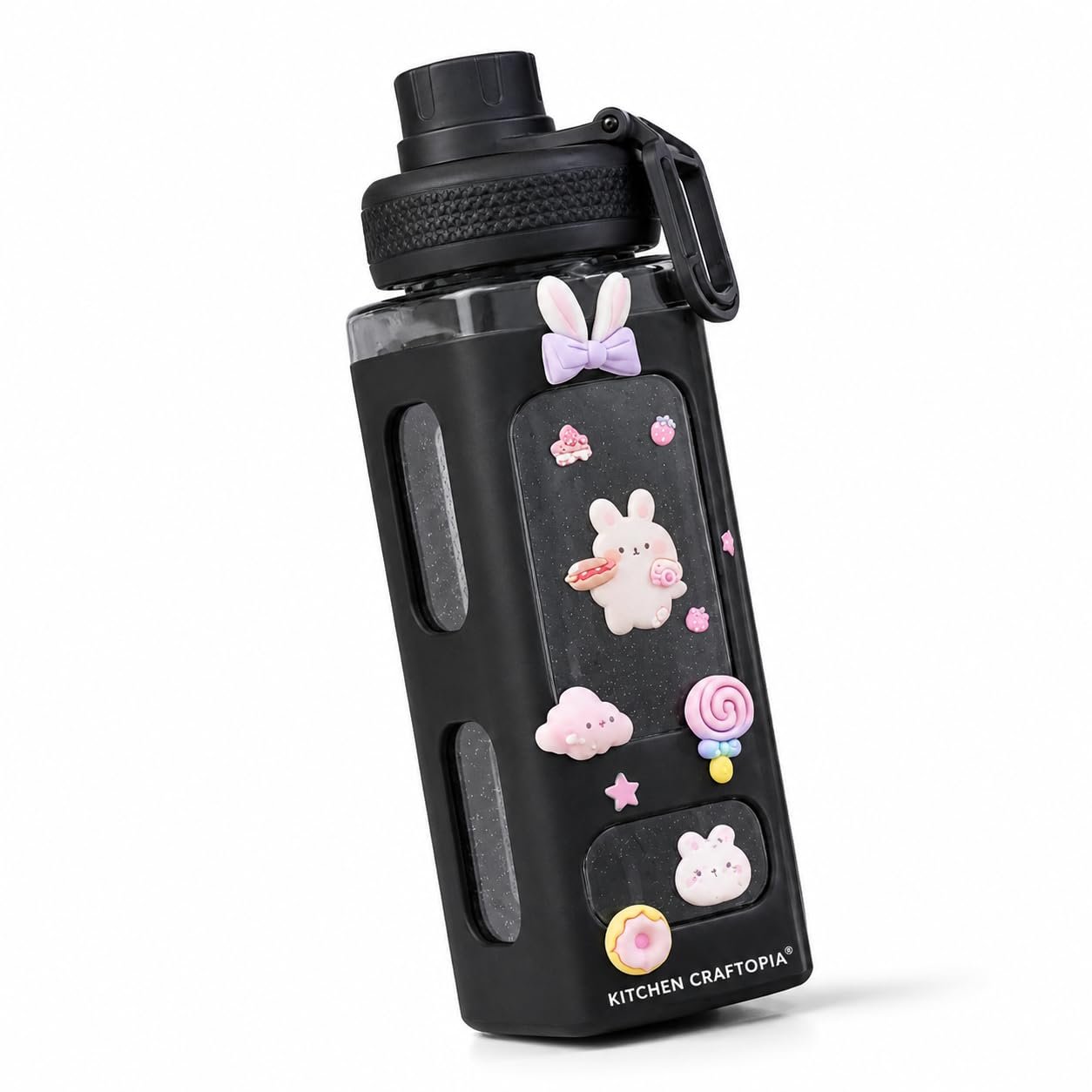 Kawaii Water Bottle for Girls with Straw & Movable Handle | Cute Plastic Bottle with 2D & 3D Stickers | Stylish School & Travel Bottle for Kids (750 ml) (Black)