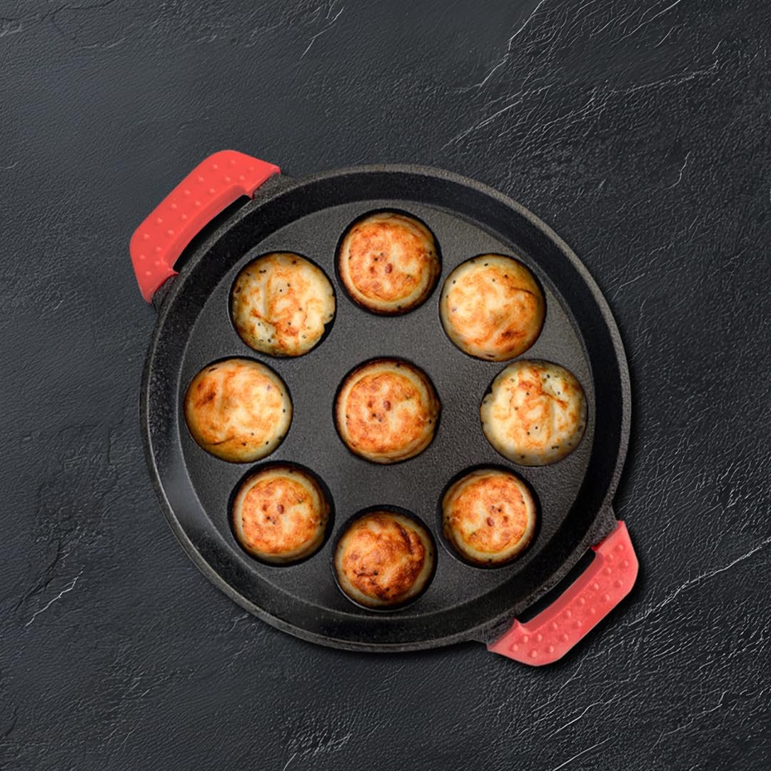 Pigeon Imperi Cast Iron Paniyaram/Appe Pan, 9 Pits, Free Silicone Grips, Pre-Seasoned,100% Toxin-Free, Naturally Nonstick, Paniyarakkal, Appam Patra, Paddu Maker,Strong & Durable, Gas & Induct
