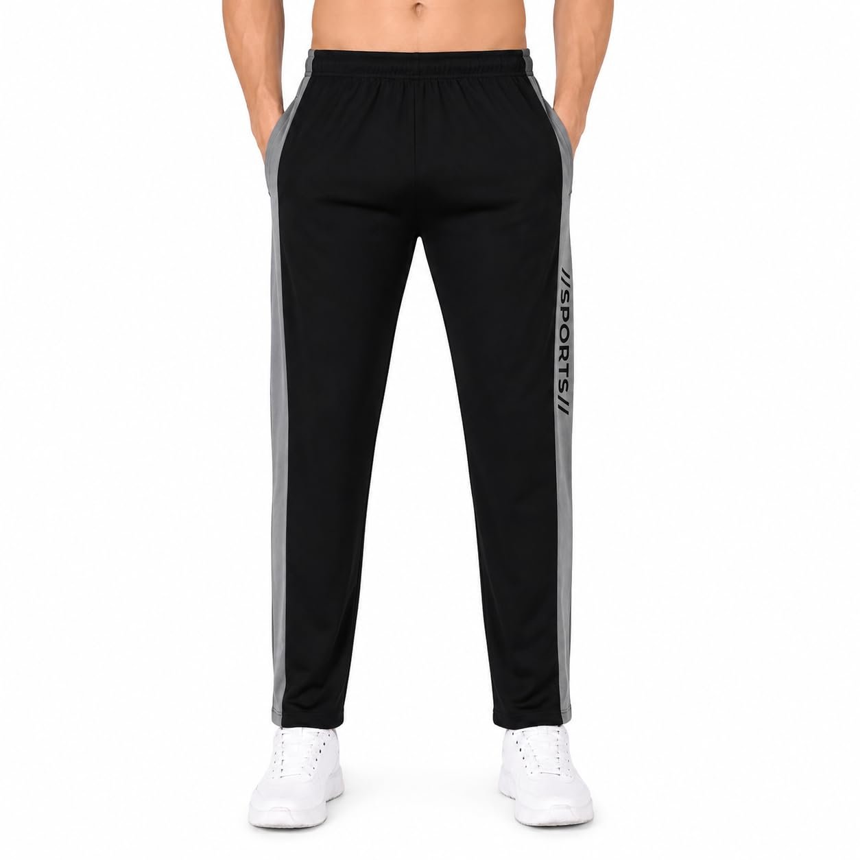 Men's Black Sports Track Pants with Grey Side Panel | Elastic Waistband, Side Zip Pockets, Gym & Workout Wear, Slim Fit, Contrast Stripe Detail