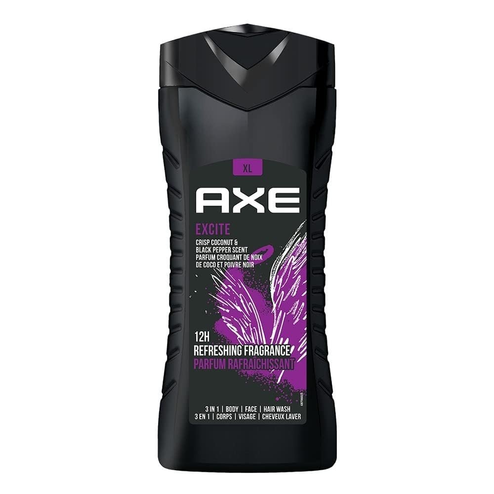 Axe Excite 3 In 1 Body, Face & Hair Wash For Men, Long-Lasting Refreshing Crisp Coconut & Black Pepper Fragrance For Upto 12Hrs, Natural Origin Ingredients, Removes Odor & Bacteria, No Par