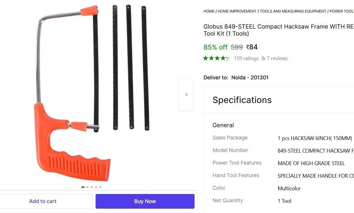Globus 849-STEEL COMPACT HACKSAW FRAME WITH RED PVC HANDLE 6" ( 150 MM ) Power & Hand Tool Kit Price in India - Buy Globus 849-STEEL COMPACT HACKSAW FRAME WITH RED PVC HANDLE 6" ( 150 MM
