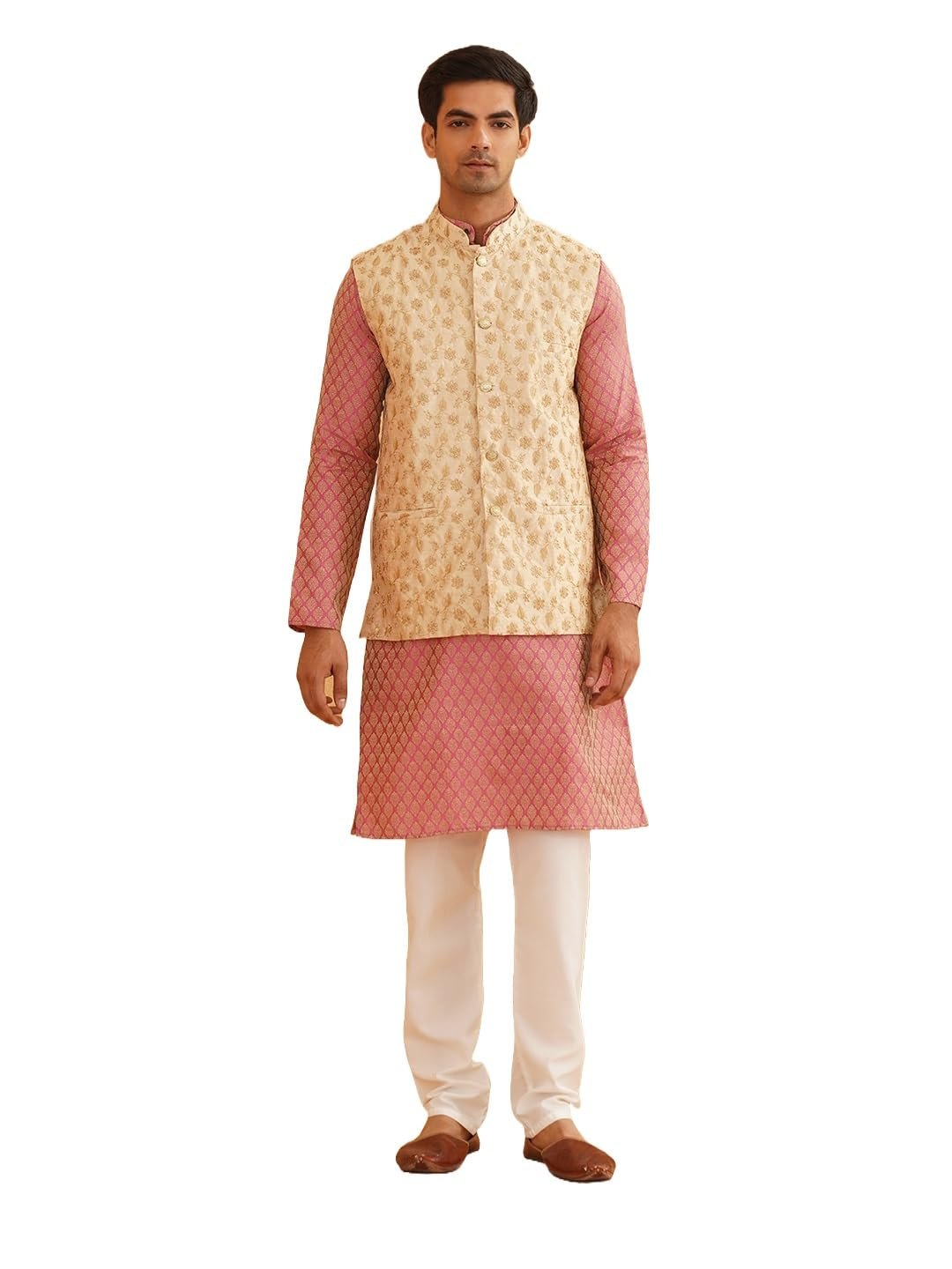 SOJANYA (Since 1958 Men's Silk Blend Self Design Pink Kurta With Pyjama & Nehru Jacket