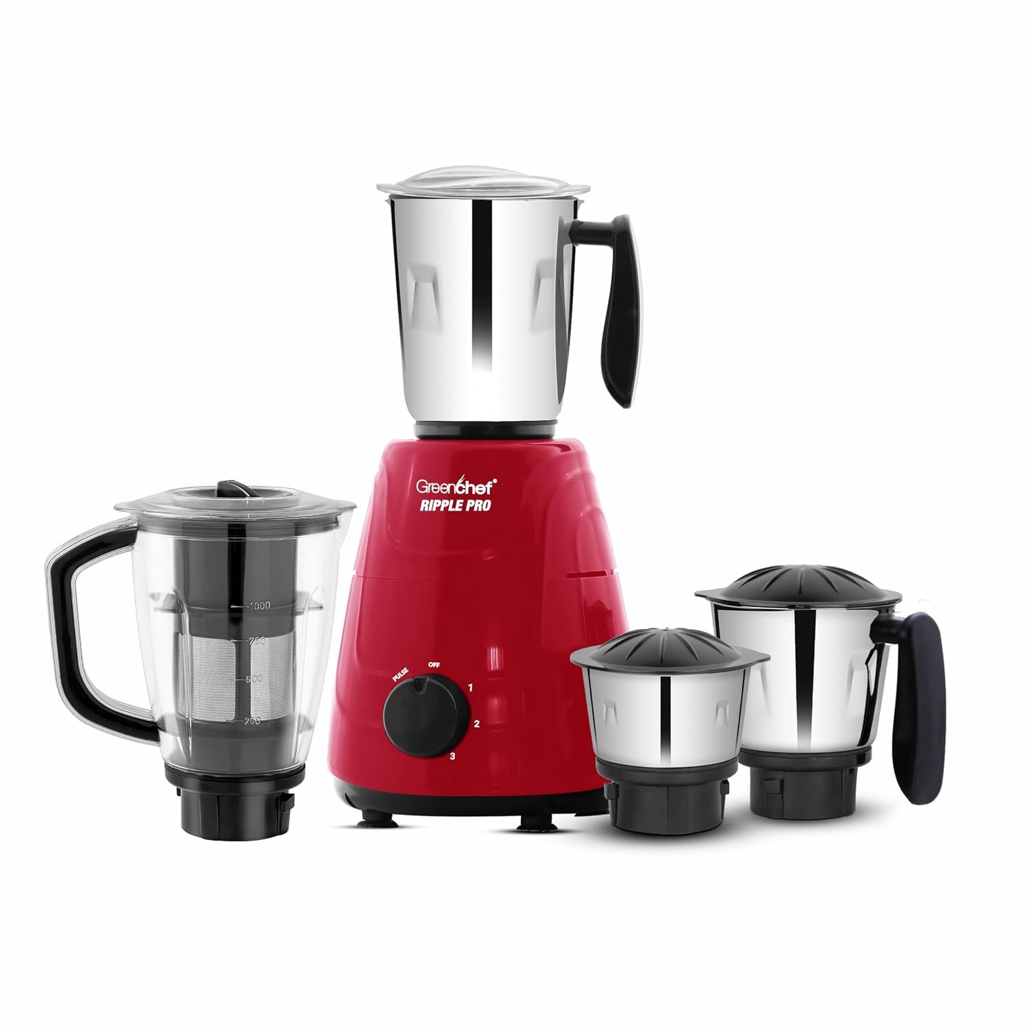 Greenchef Ripple Pro Mixer Grinder - 3 SS Jars with SS Blades,Juicer Mixer Jar,1HP power, 230-240v,18000 RPM,Red Color,ISI Certified,Heavy Duty Motor,5 Year Warranty on Motor