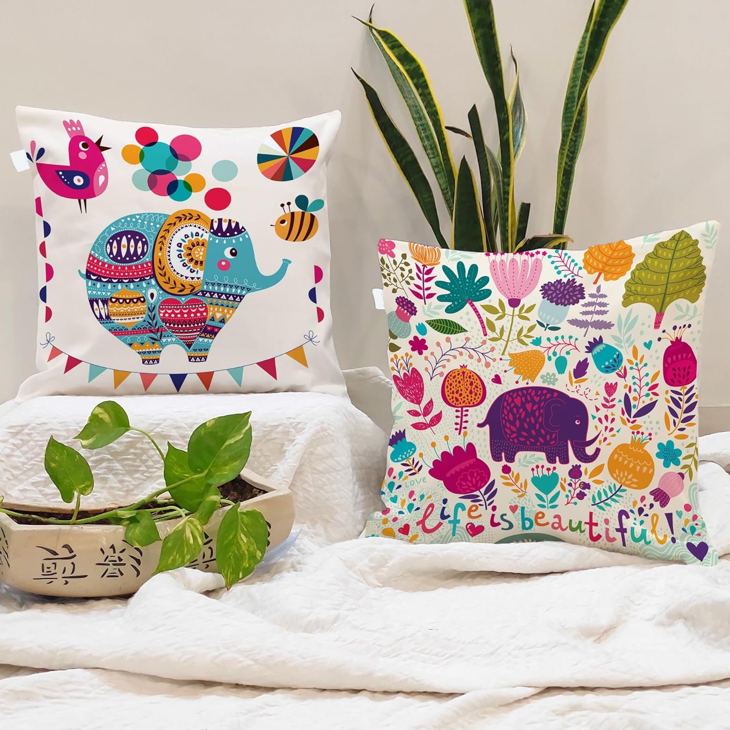 STITCHNEST Set of 2 Polycotton Cushion Covers – 16x16 Inches – Multicolor Elephant & Jungle Print – Playful Cushion Covers for Kids Room, Sofa & Living Room Decor