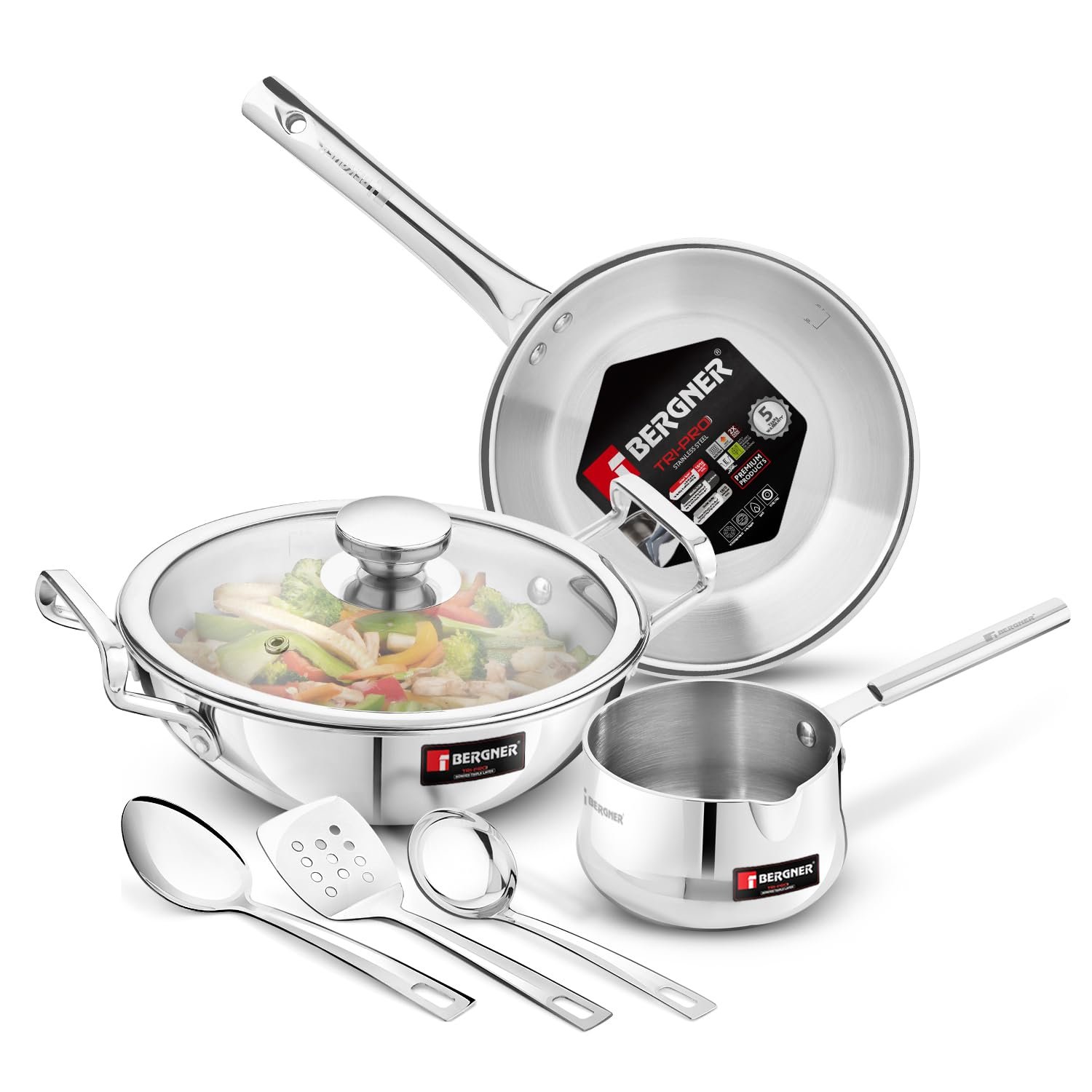 Bergner TriPro 7 Pcs Tri-Ply Stainless Steel Induction Bottom Cookware Set | 22cm (2 LTR) Kadai with Glass Lid | 22cm (1 LTR) Frypan | 12cm (0.9 LTR) Coffee Warmer | Ladle | Serving Spoon | Turner