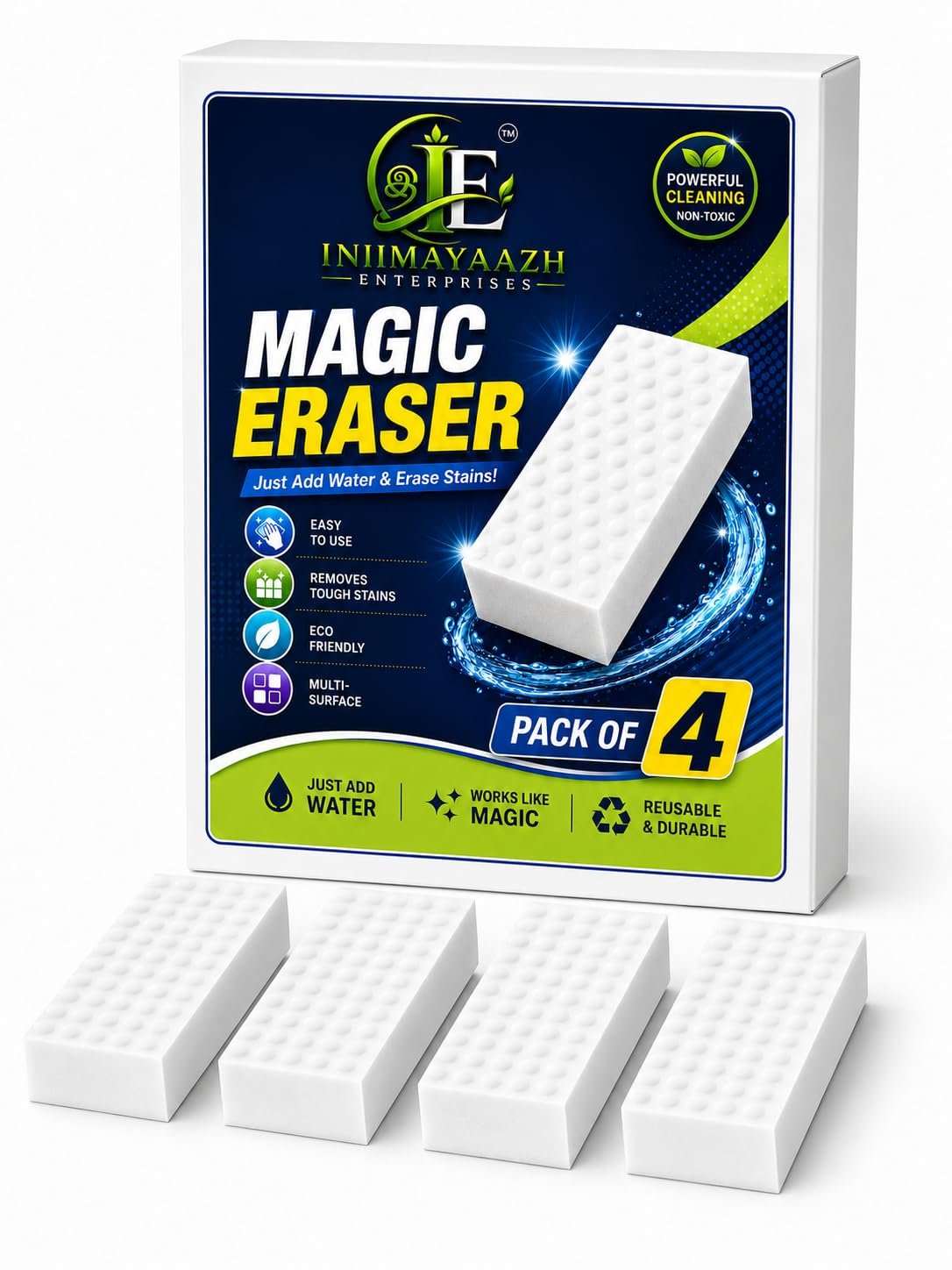 Magic Eraser Sponge for Wall | Pack of 4 High Density Melamine Sponge | White Cleaning Sponge for Marks | Water Activated Eraser | Multipurpose Cleaning Pad
