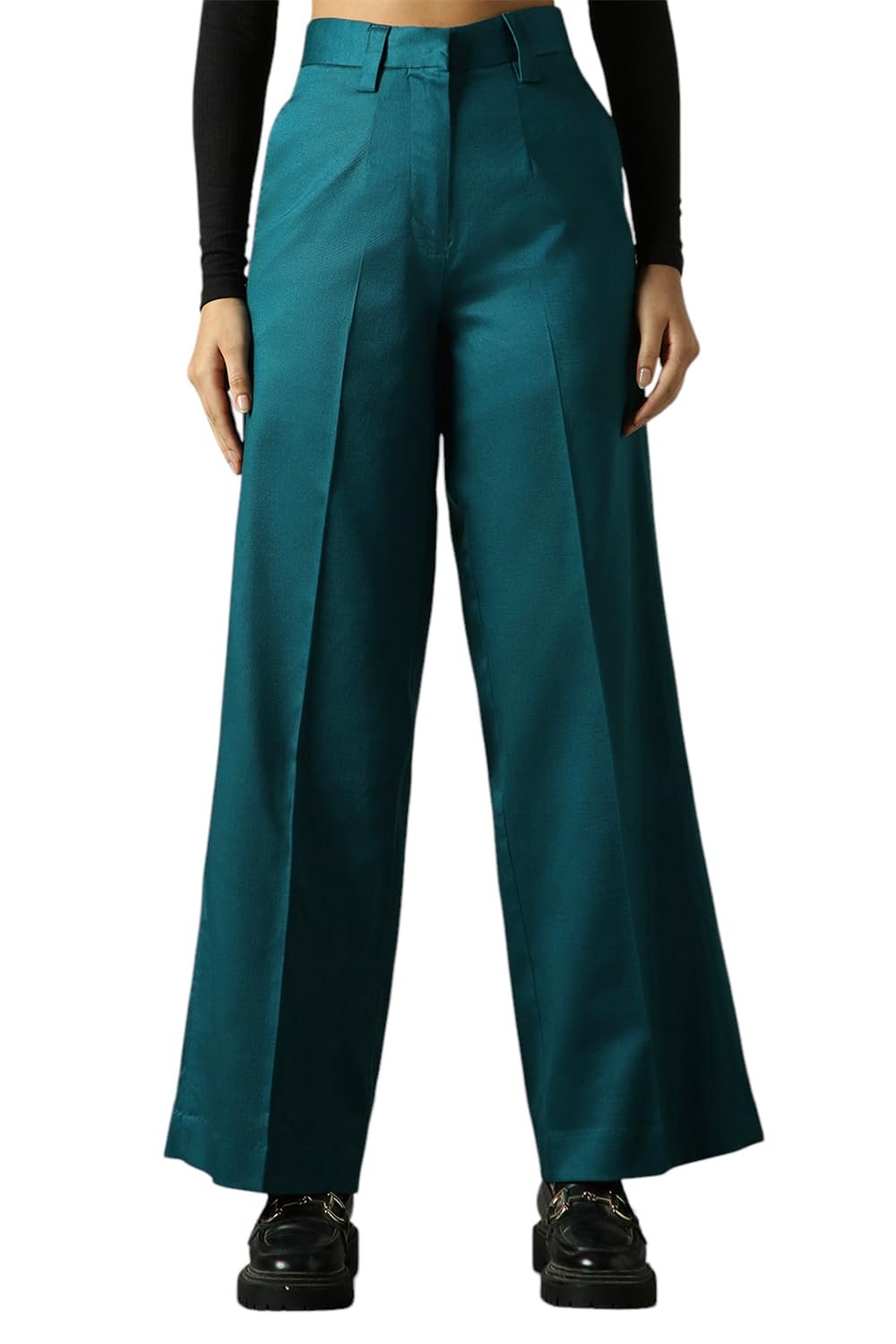 High Star Women High Rise Solid Regular Length Wide Leg Casual Trousers