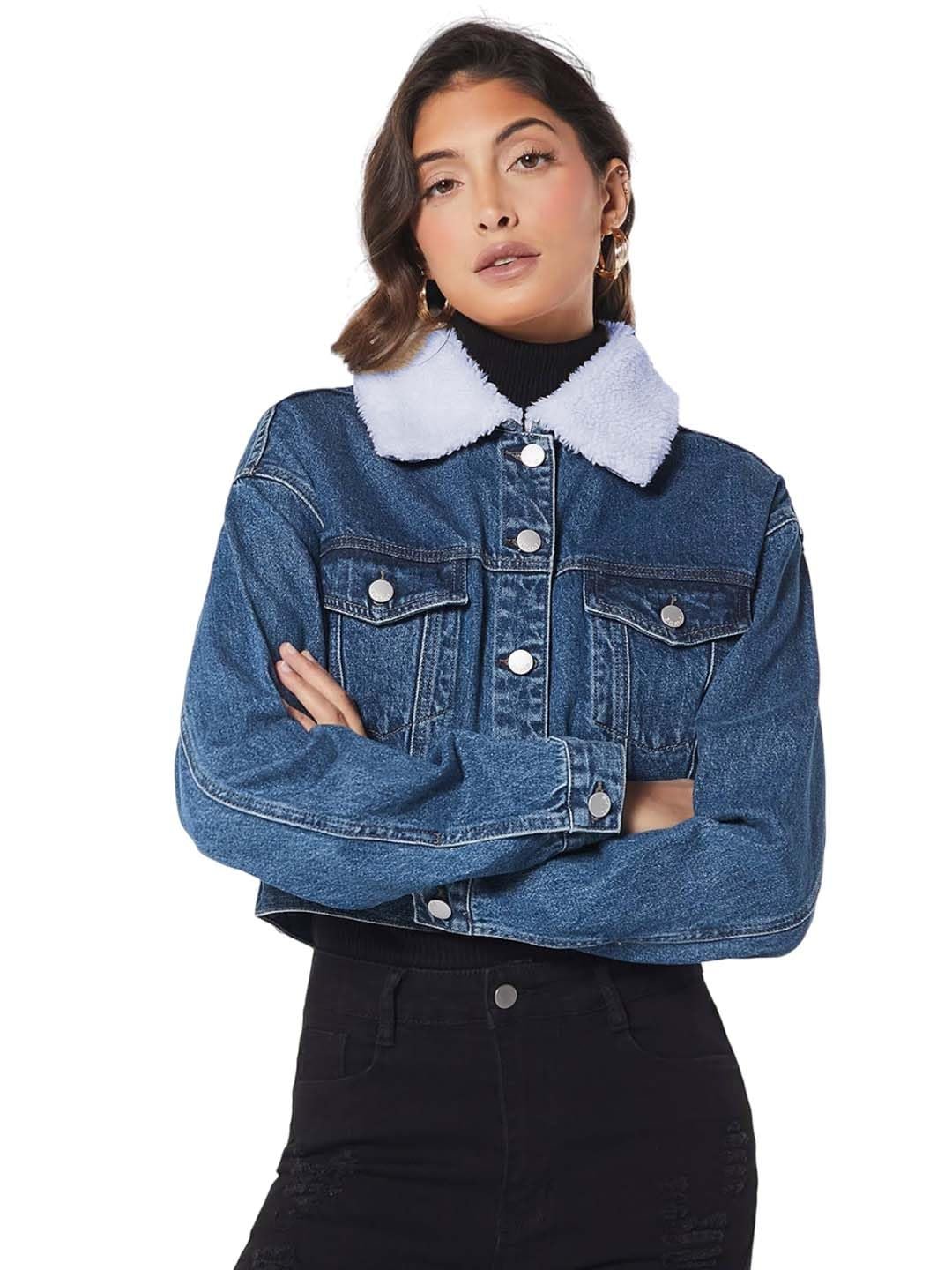 KOTTY Women's Solid Alexis Blue Long Sleeve Denim Jacket