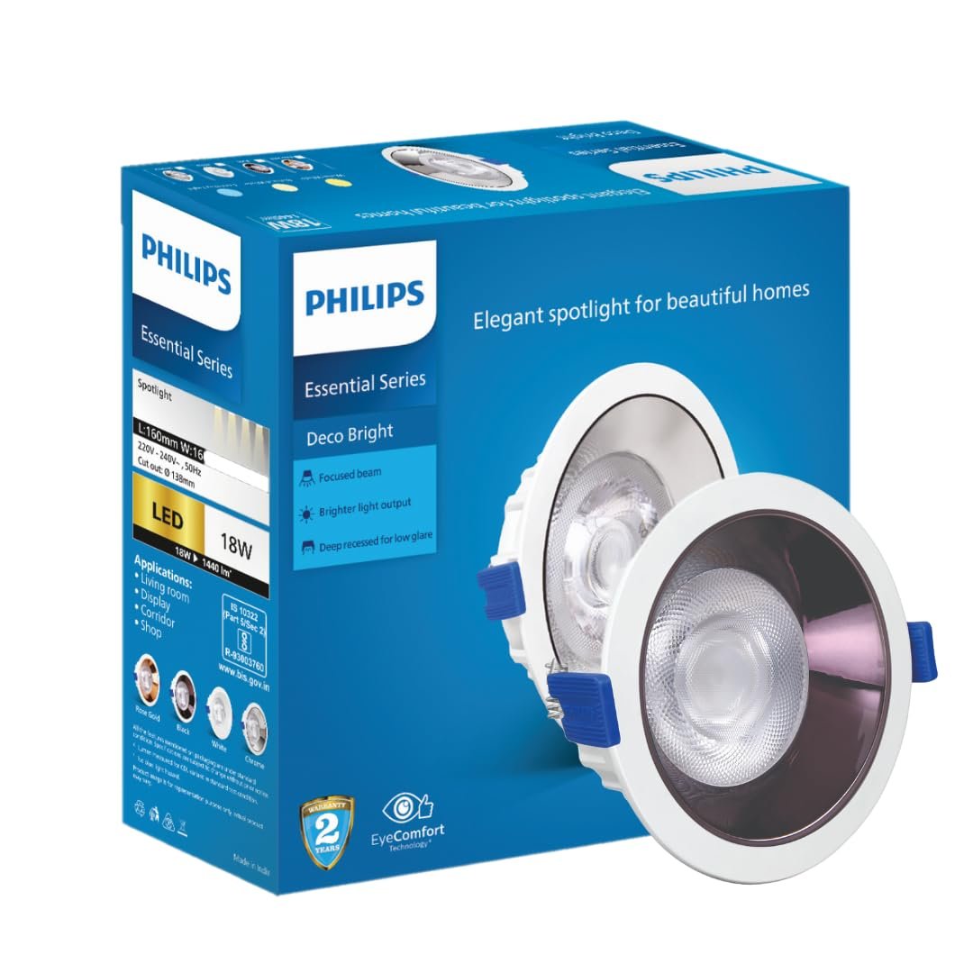 PHILIPS Polycarbonate 18 Watt Black Reflector Led Ceiling Cob Round Spot Light With Focused Beam|Cut Out: 138Mm|Warm White,Pack Of 1 (Deco Bright)