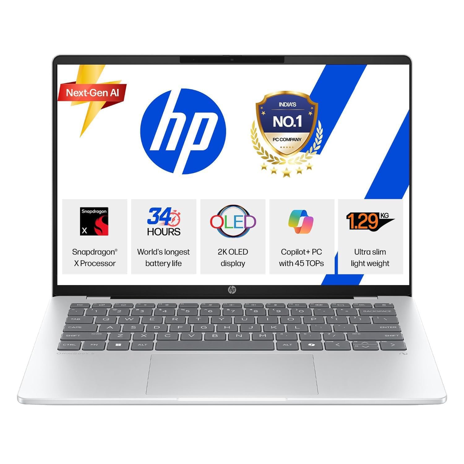 HP OmniBook 5 OLED (Previously Pavilion), Snapdragon X Processor 45 Tops (16GB LPDDR5x, 1 TB SSD), 2K 14''/35.6cm, Win11, Office24, Silver, 1.29kg, he0015QU, Multi-Day Battery, AI Laptop