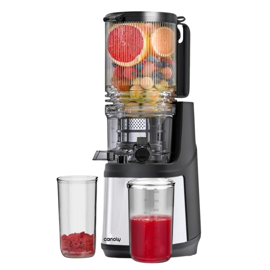 Canoly Cold Press Juicer 350w Slow Juicer | Large Mouth | Bpa Free | 350w slow juicer with large mouth for whole fruits, high juice yield, easy to clean and assemble, metal finish