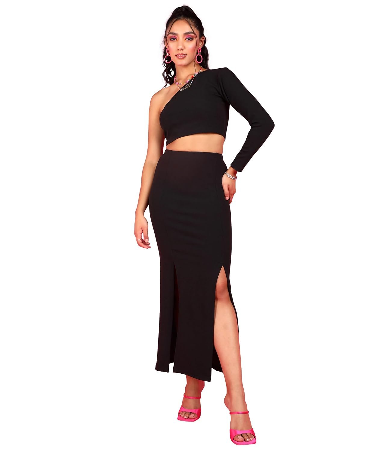 POPWINGS Casual Solid Top and Skirt Co-Ord Set for Women | Stylish Western Co-Ord Set for Women | Crop Top and Long Slit Skirt Set for Women