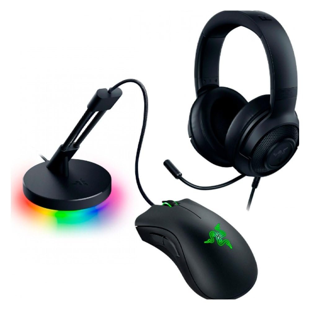 Razer Game On Bundle Gaming Combo with DeathAdder Essential Wired Mouse, Kraken X Lite Lightweight Gaming Headset, Mouse Bungee V3 Chroma, 6400 DPI Optical Sensor, 40mm Drivers, Black - NASA Packaging