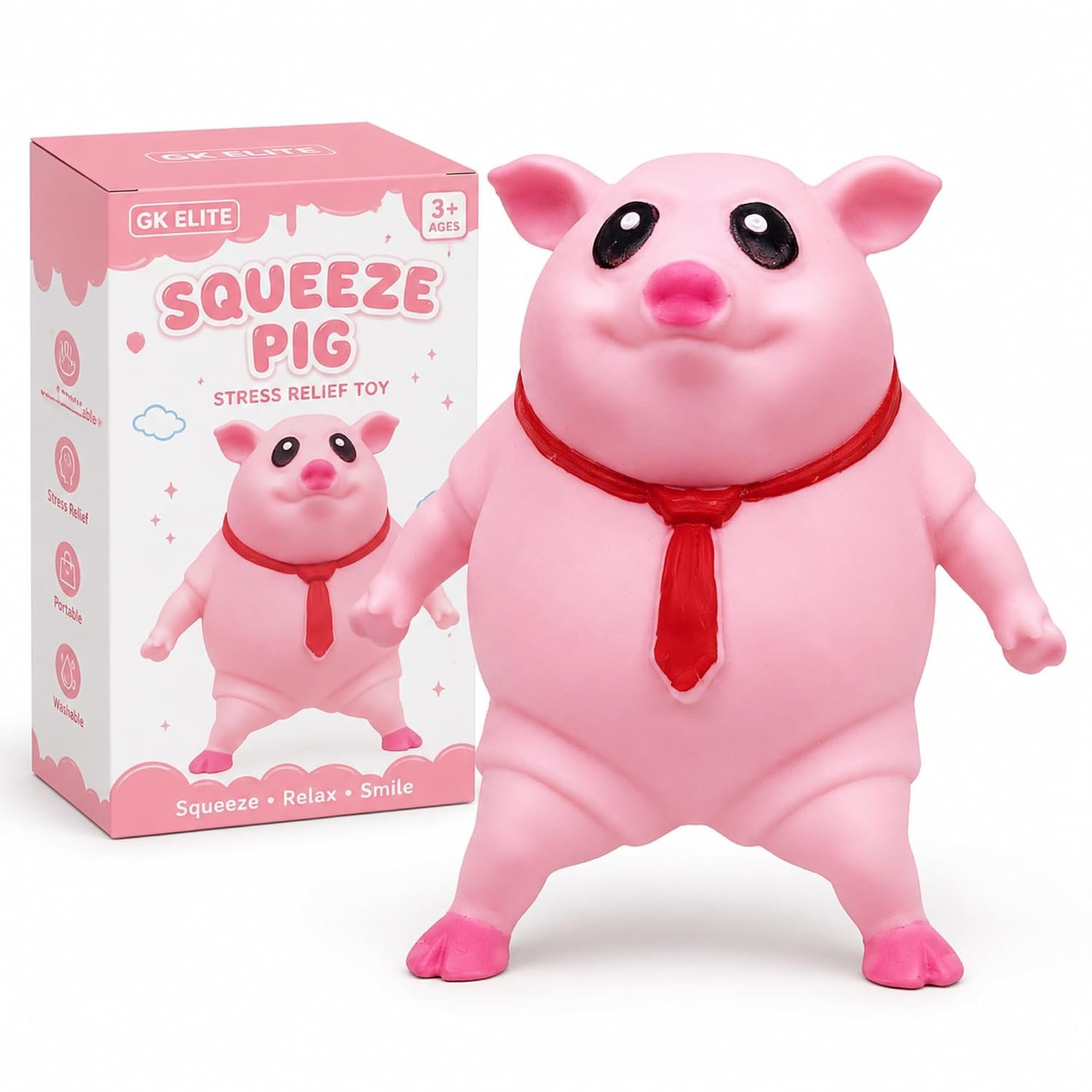Pink Squishy Pig Stress Relief Toy, Squeeze & Stretch Funny Fidget Animal, Soft Rubber Sensory Decompression Desk Toy for Adults, Teens & Kids, Office, Study, Travel and Gifting