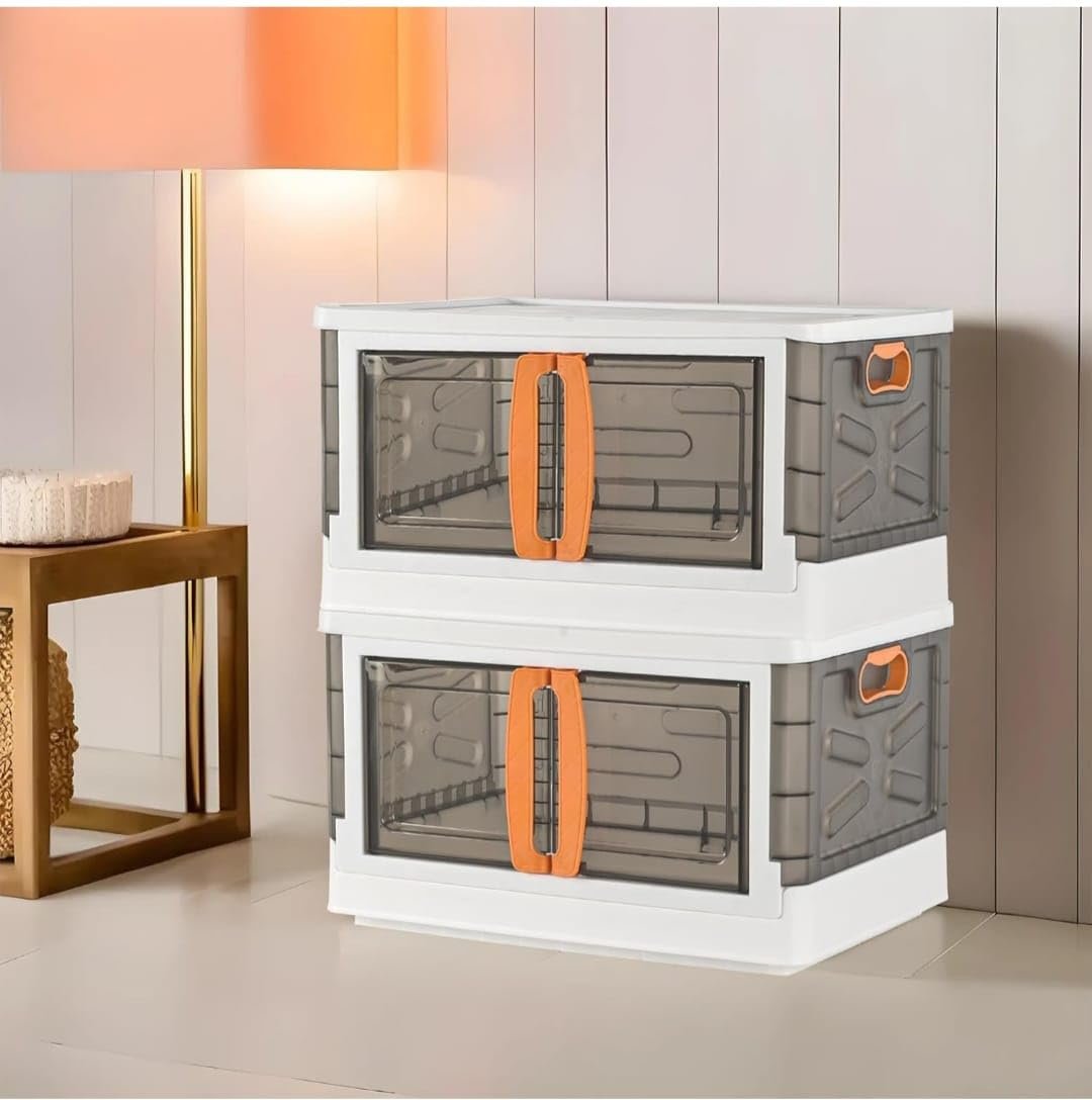 Arto Plastic Storage Bins Pack of 2, 70L Collapsible Stackable Boxes for Kitchen, Closet & Pantry Organization, Large Foldable Containers, Wardrobe Cabinet, Multipurpose Heavy Duty Home Organizer