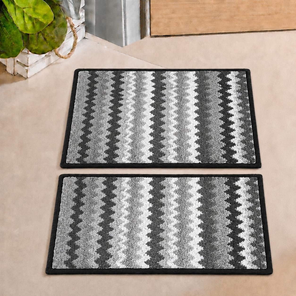 Cortina Microfiber Striped Design Anti-Skid Bath Mats | Soft & Super Absorbent Mats for Shower | Washable, Non-Slip & Quick-Drying Mats, 40x60 CM | Pack of 2 (Black)