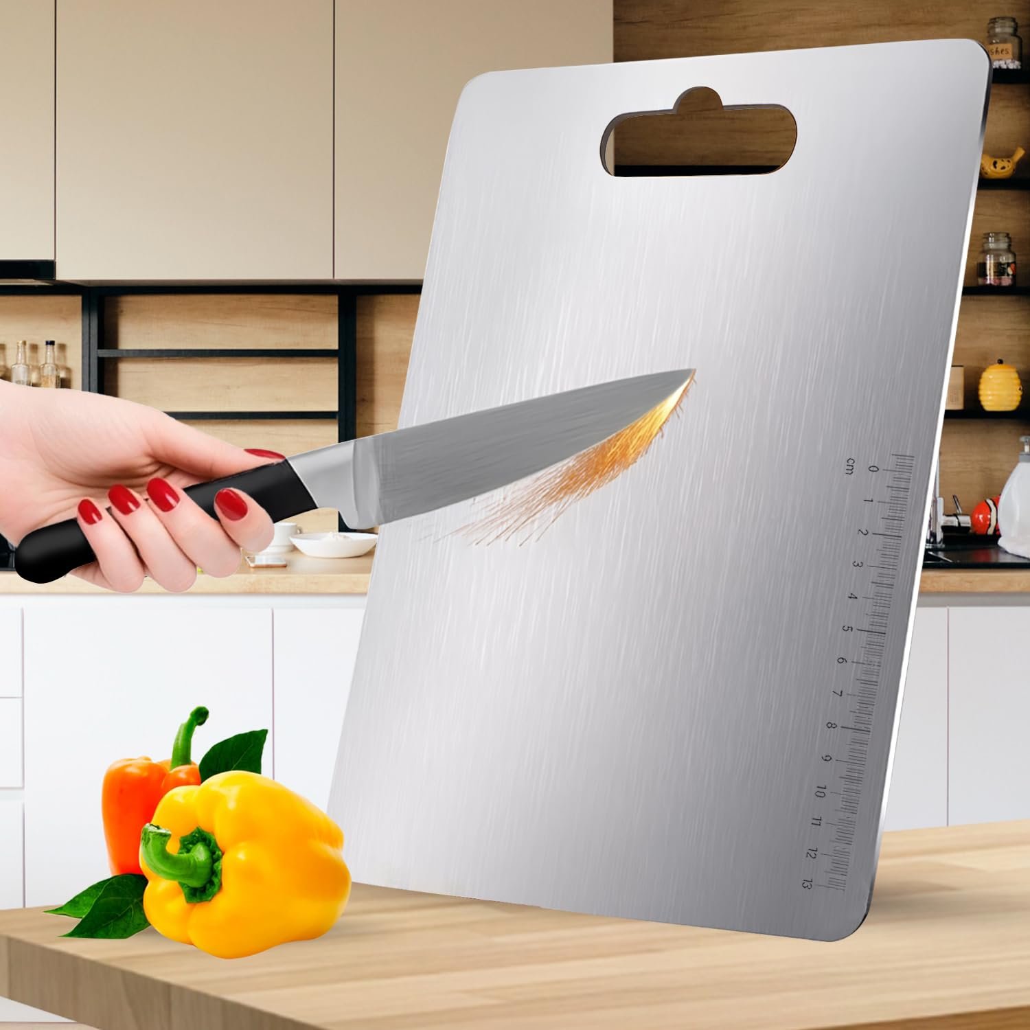 CANWAY® Stainless Steel Chopping Board 36x25 cm with Handle|Anti-Slip Cutting Board for Kitchen|Hygienic & Easy Clean|Ideal for Vegetables, Fruits & Meat|Heavy-Duty Non Slip Chopper|Large