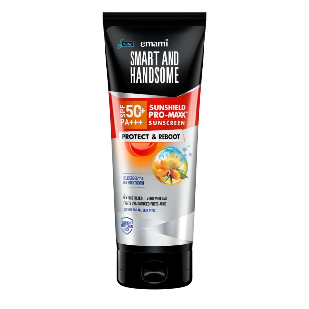 Smart And Handsome Sunshield Promaxx Sunscreen, Spf 50+ Pa+++, Protect & Reboot, 50g, Sea Buckthorn Extract + Helioedge5™ Technology, Zero White Cast, Dermatologically Tested, Suitable For All Ski