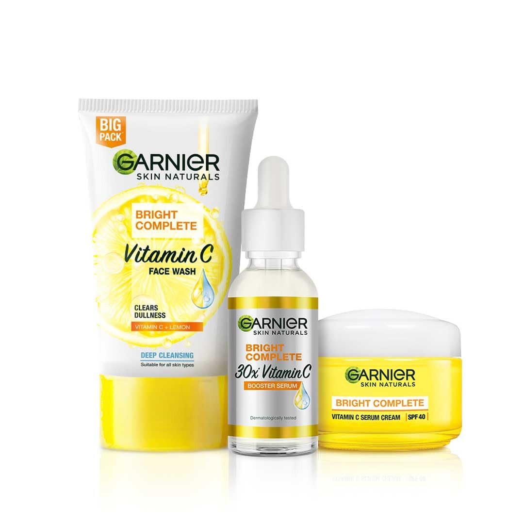 Garnier Bright Complete Vitamin C Brightening Regime Kit for Skincare | Reduces Dark Spots | Face Wash + Serum + SPF 40 Serum Cream, for all skin types, For Men and Women