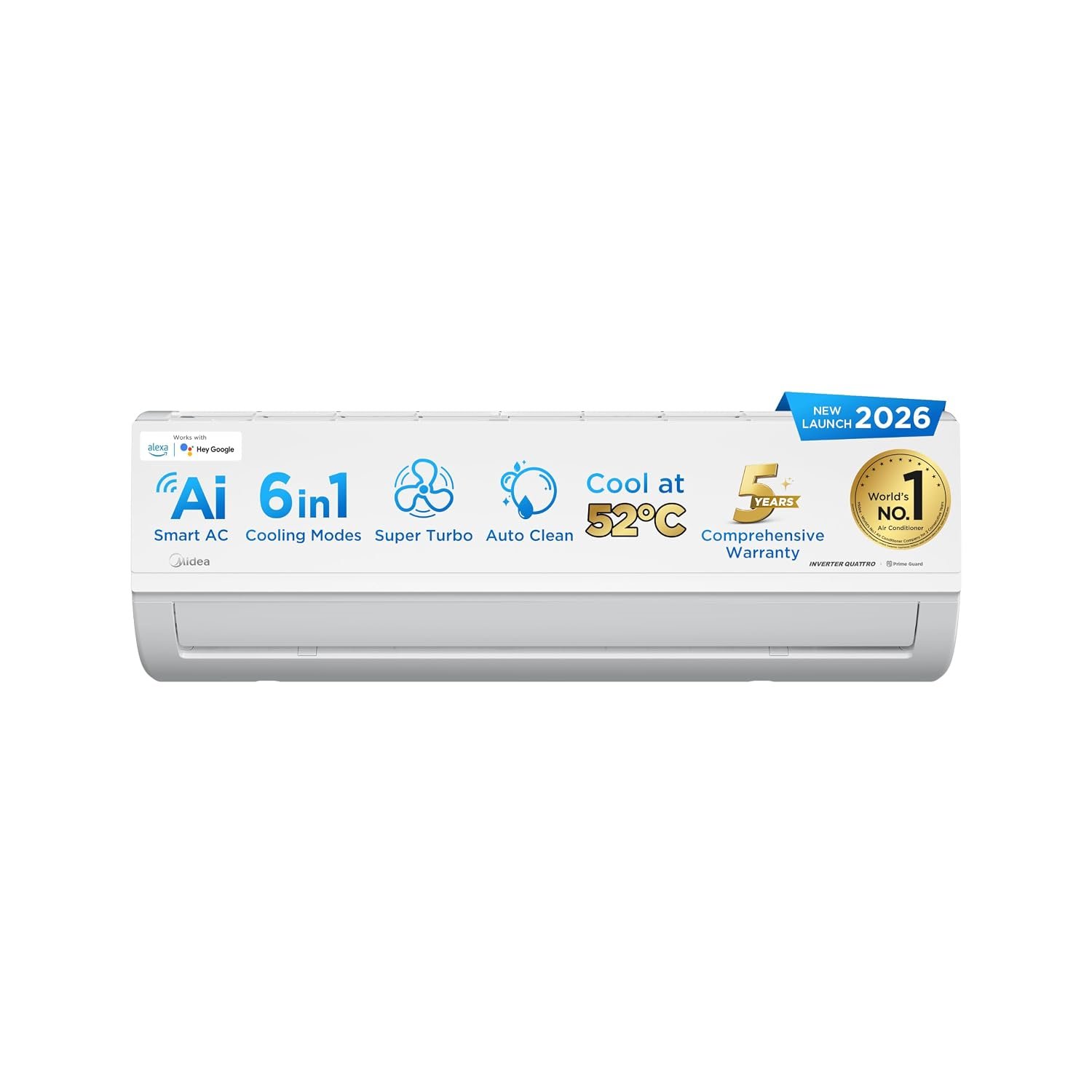 Midea 1 Ton 5 Star Inverter Split AC, Wi-Fi & 6-in-1, MAI12SR5R36W0 | Copper Condenser, 52°C Heavy Duty Cooling, Turbo Mode, HD+PM 2.5 Filter, Auto Clean, Santis MAX RYL Wi-Fi, White