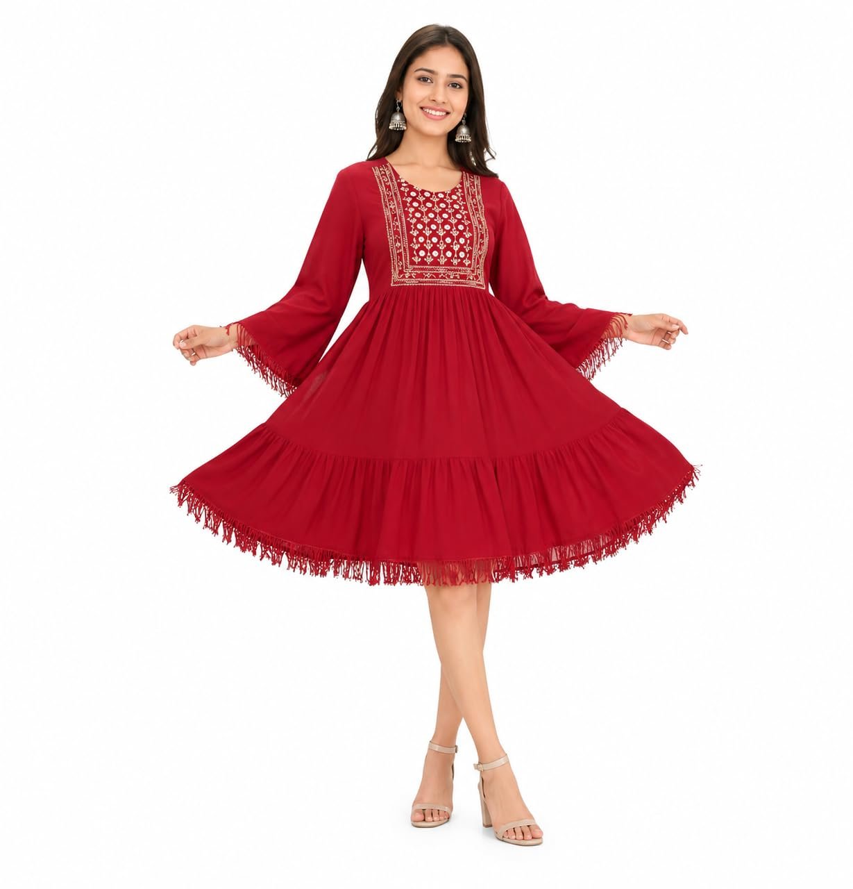 Women's Embroidered A-Line Midi Kurti Dress | 3/4 Bell Sleeves | Tiered Flared Cotton Blend Ethnic Kurta for Casual, Office, Festive Red