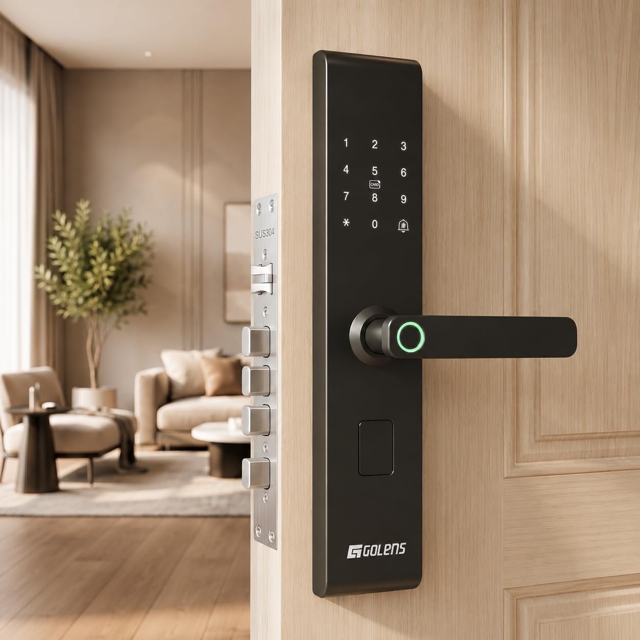 Golens X132 Smart Door Lock for Main Door with Fingerprint, Password, RFID Card, WiFi & Key Unlock, Digital Door Lock for Wooden & Steel Doors, Keyless Entry Handle with Alarm System