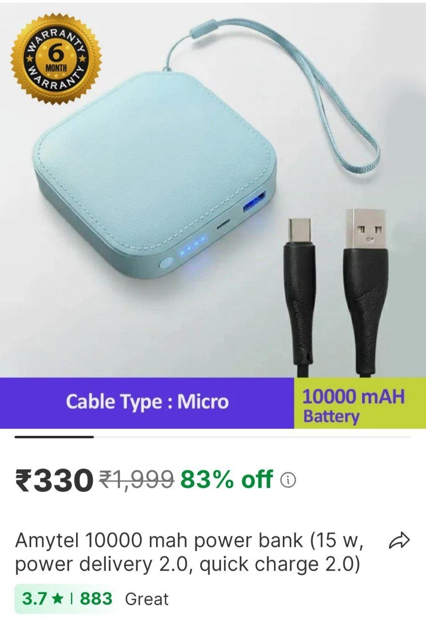 AMYTEL 10000 mAh Power Bank (15 W, Power Delivery 2.0, Quick Charge 2.0) Price in India - Buy AMYTEL 10000 mAh Power Bank (15 W, Power Delivery 2.0, Quick Charge 2.0) online at Shopsy.in