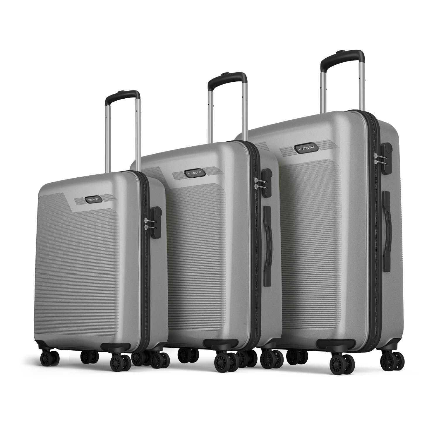 Aristocrat Axis Set of 3 Trolley Bag 56, 66 & 76cm | Small+Medium+Large | Hard Luggage | Smooth 8-Wheel Suitcase | Combination Lock with Sturdy Zipper | 3-Year International Warranty (Silver)