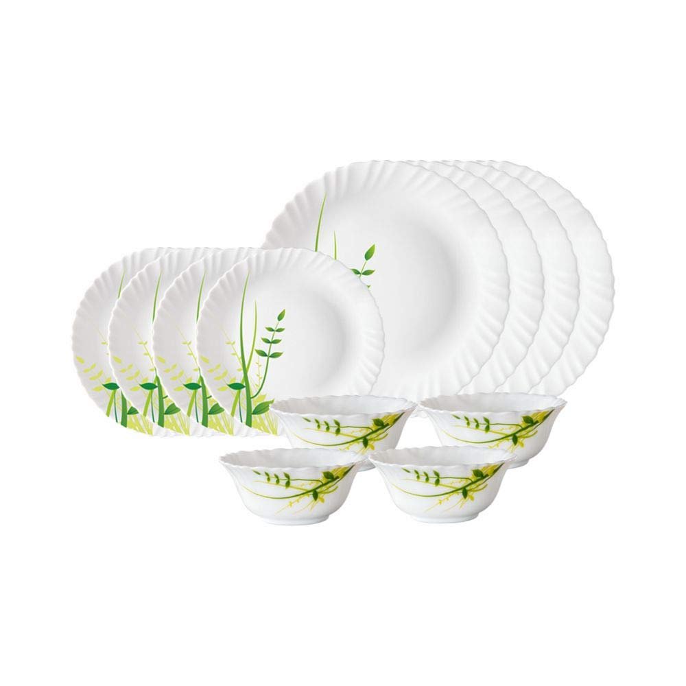 Larah by Borosil Green Herbs Opalware Dinner Set, 12 Pieces, White