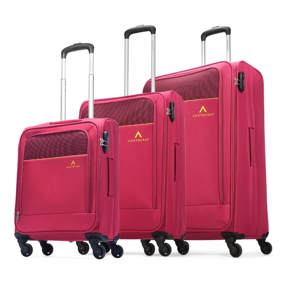 Aristocrat Oasis Plus Set of 3 Cabin, Medium & Large Size Soft Luggage (59 cm, 69 cm & 79 cm) | Spacious Polyester Trolley with 4 Spinner Wheels and Combination Lock | Dazzling Red | Unisex