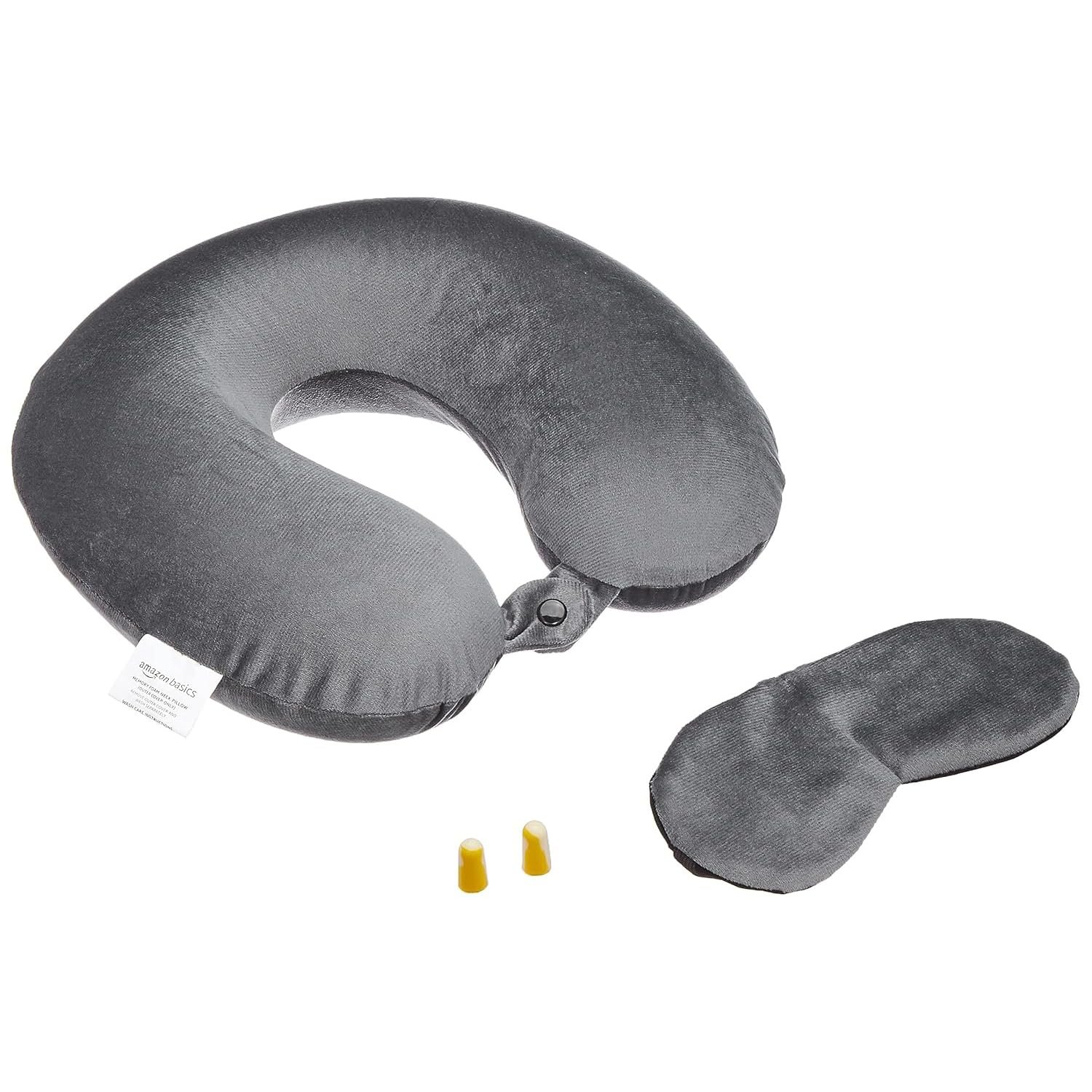Amazon Basics Memory Foam Travel Neck Pillow with Eye Mask & Ear Plugs Combo|Ultra Soft Velvet Fabric|Ergonomically Designed for Ultimate Comfort for Air, Car, Train, Bus Travel- Grey, Standard Si