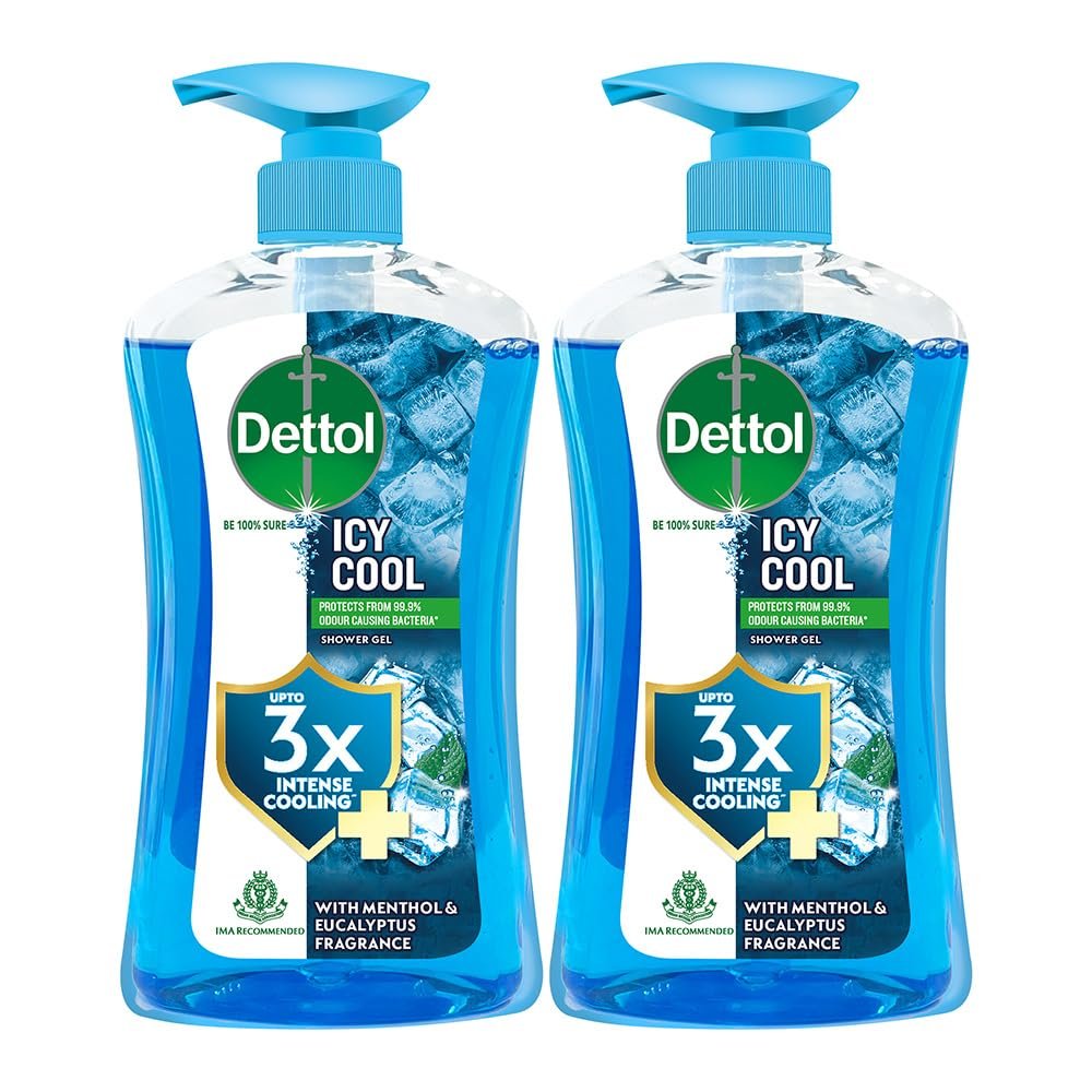 Dettol Icy Cool Body Wash and Shower Gel Pump for Men | Goodness of Salicylic Acid | Menthol Freshness | 500ml Pack of 2